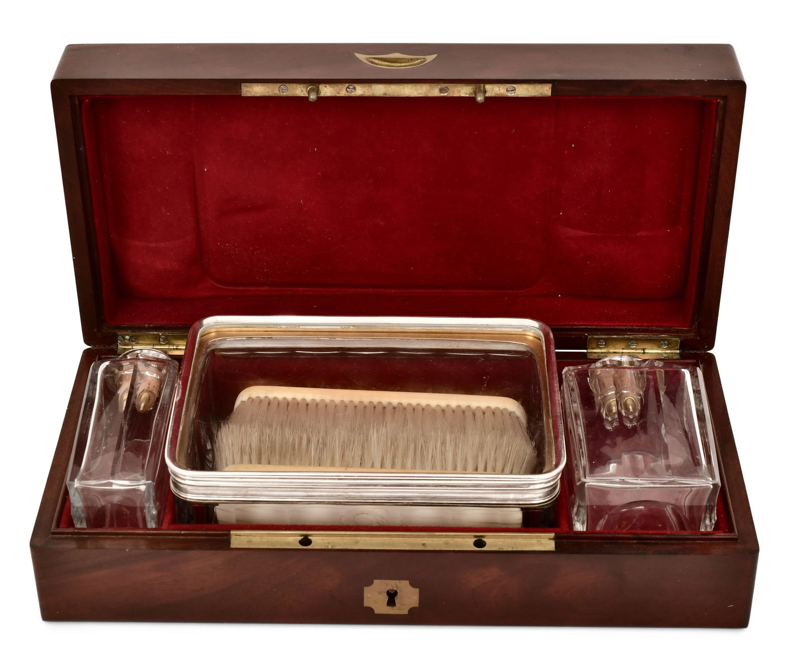 French Mahogany, Silver & Glass Travel Set: French Mahogany, Silver & Glass Travel Set19th century4 x 14 1/2 x 7 inches