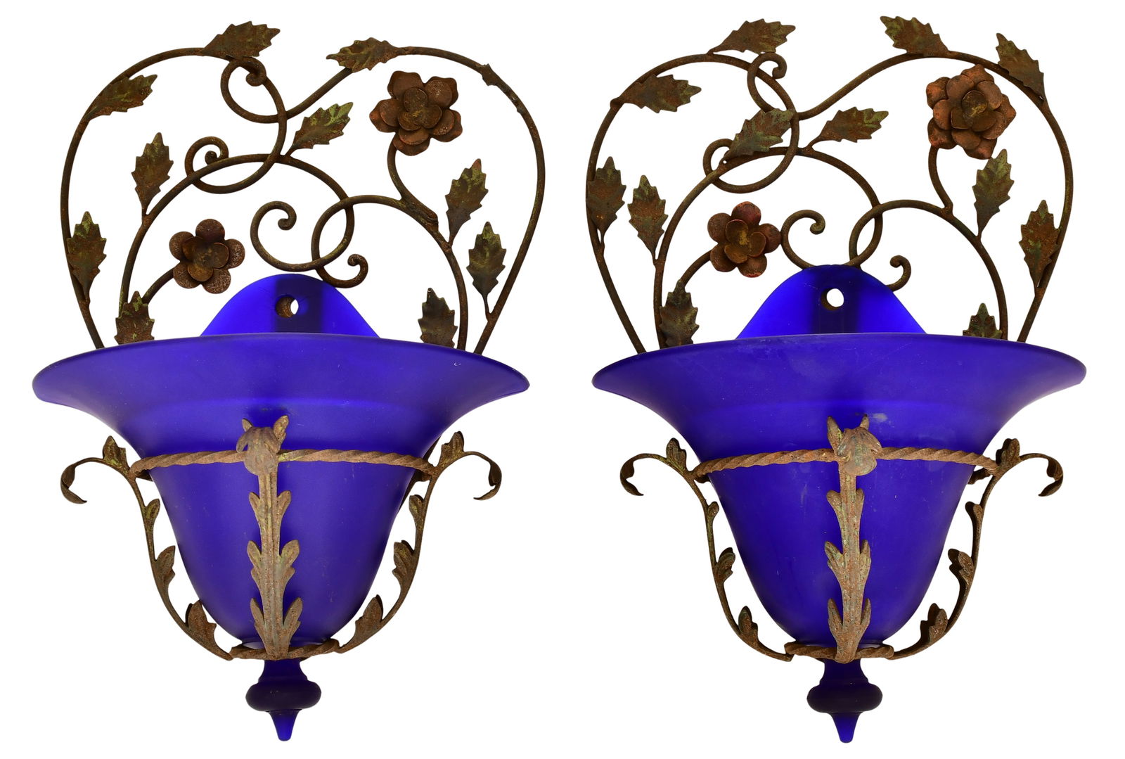 Pair of Wrought Iron & Glass Wall Pockets: Pair of Wrought Iron & Glass Wall Pockets early 20th century 14 1/2 x 10 1/2 x 6 inches Provenance: Private Collection, New Jersey