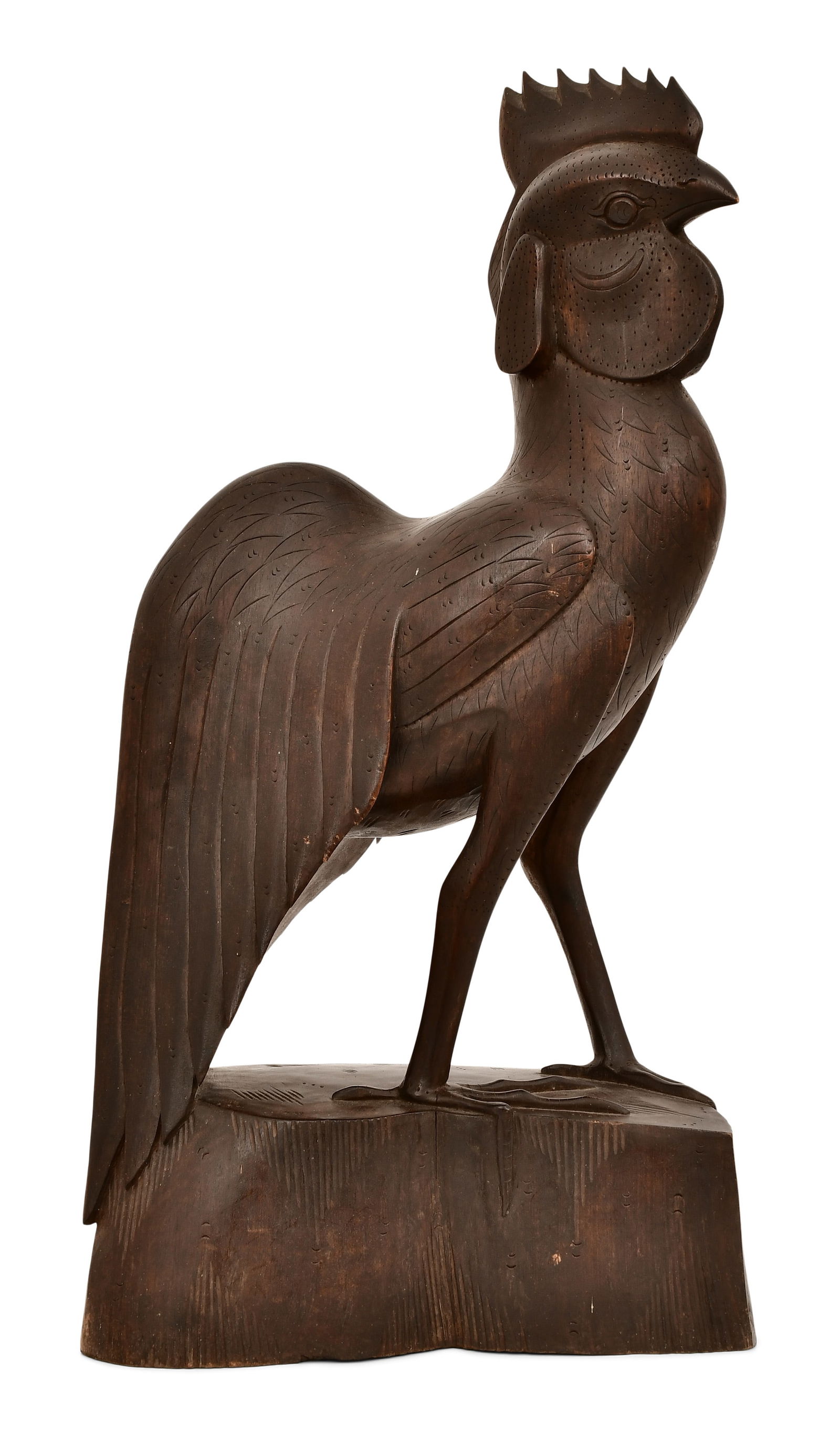 Folk Art Carved Walnut Figure of a Rooster: Folk Art Carved Walnut Figure of a Rooster 20th century 23 x 12 x 6 inches