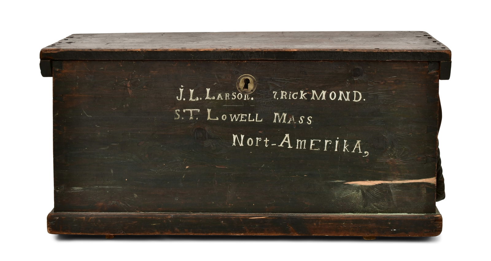 19th Century Paint-Decorated Wood Sea Chest: 19th Century Paint-Decorated Wood Sea Chest marked "J.L. Larson, Rickmond, S.T. Lowell Mass, Nort-Amerika" 16 1/2 x 34 1/2 x 18 inches Provenance: Property from the Collection of Eugene Dalzell,