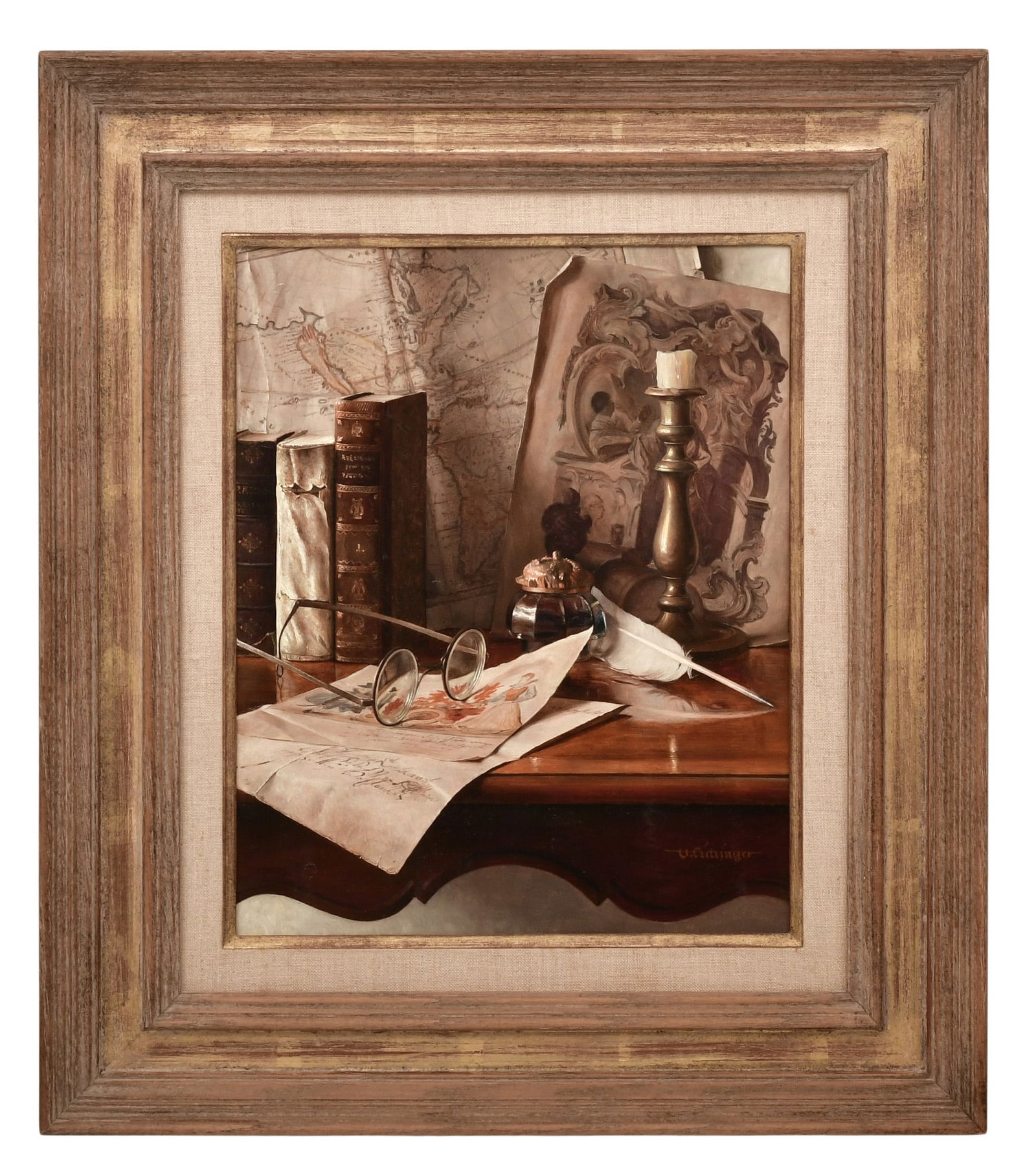 Oswald Eichinger (German, b. 1915), Still Life with Books, Glasses, Maps and a Candle: Oswald Eichinger (German, b. 1915) Still Life with Books, Glasses, Maps and a Candle oil on board signed "O. Eichinger" (lower right) 12 3/4 x 10 1/4 inches (sight) 20 x 17 1/4 inches (frame) 