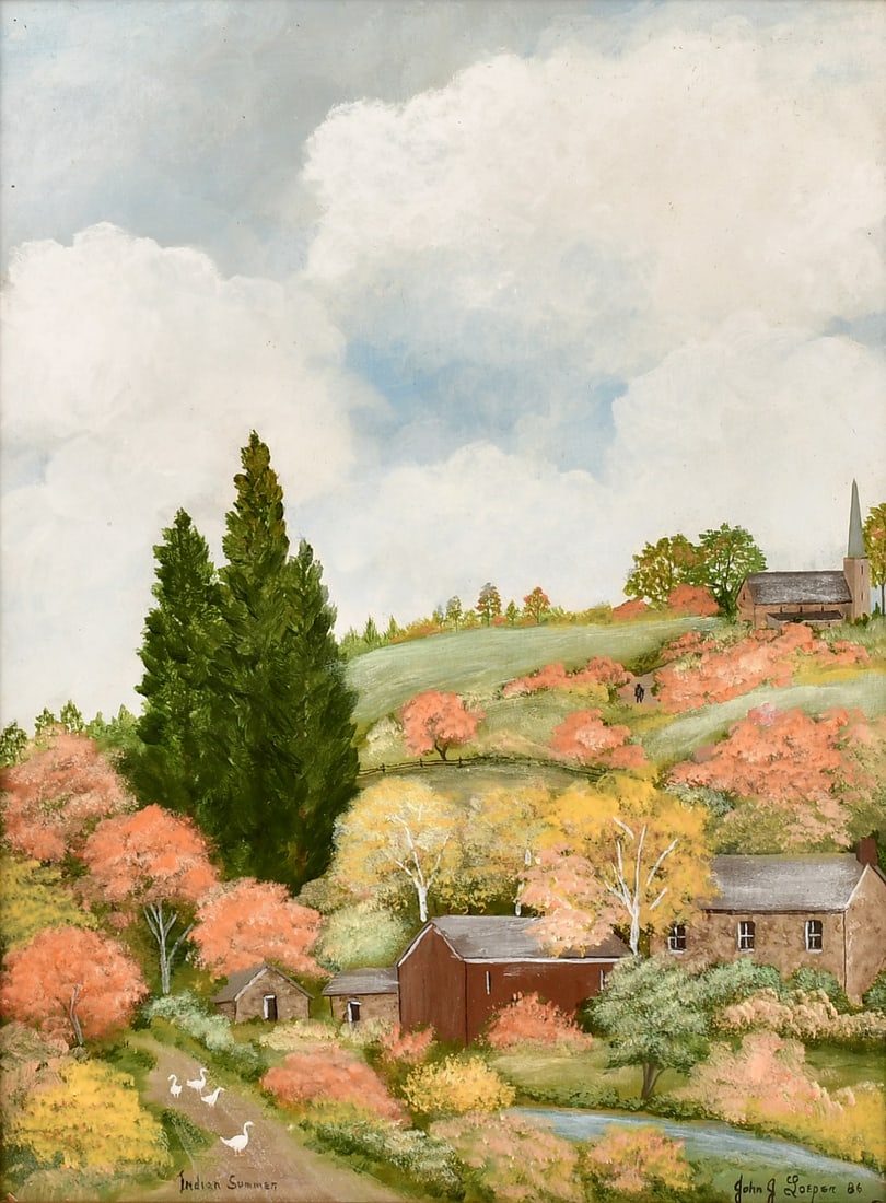 John J. Loeper (American, 20th/21st century), "Indian Summer": John J. Loeper (American, 20th/21st century) "Indian Summer" oil on board signed, dated and inscribed "John J. Loeper, 86, Indian Summer" 15 1/2 x 11 1/2 inches (sight) 18 3/4 x 14 1/2 inches