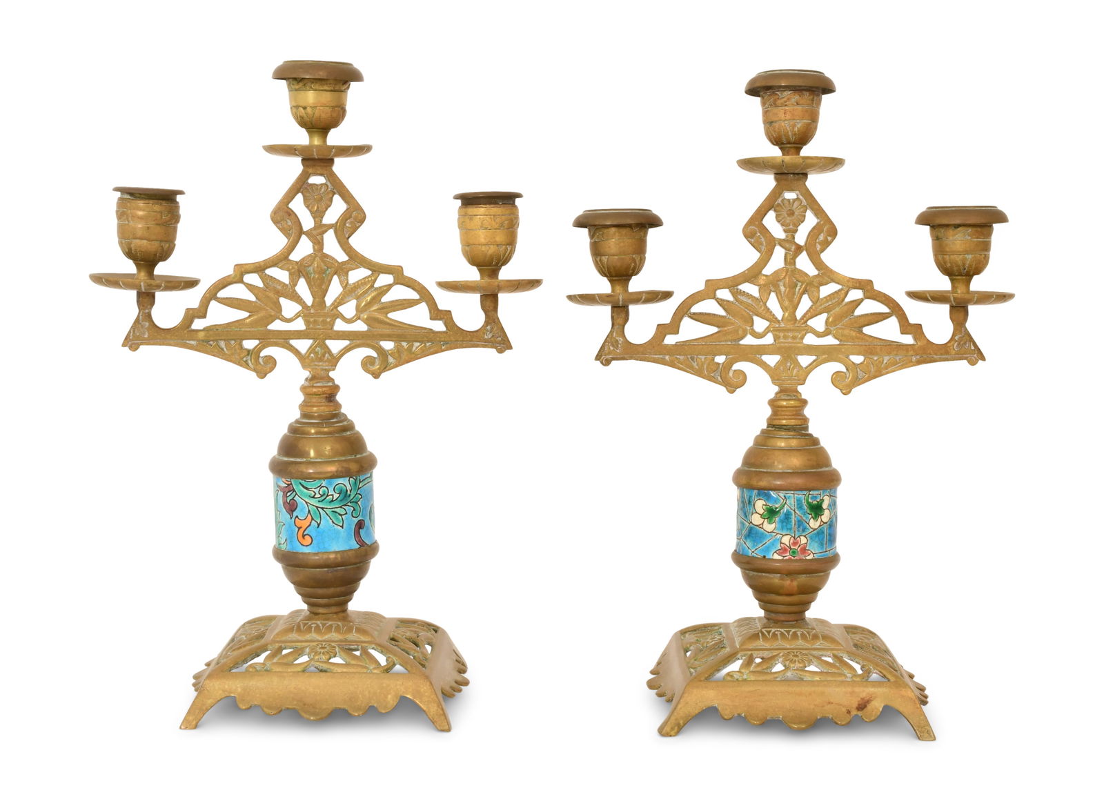 A Pair of American Aesthetic Movement Brass & Longwy Earthenware Candelabras (1 of 1)