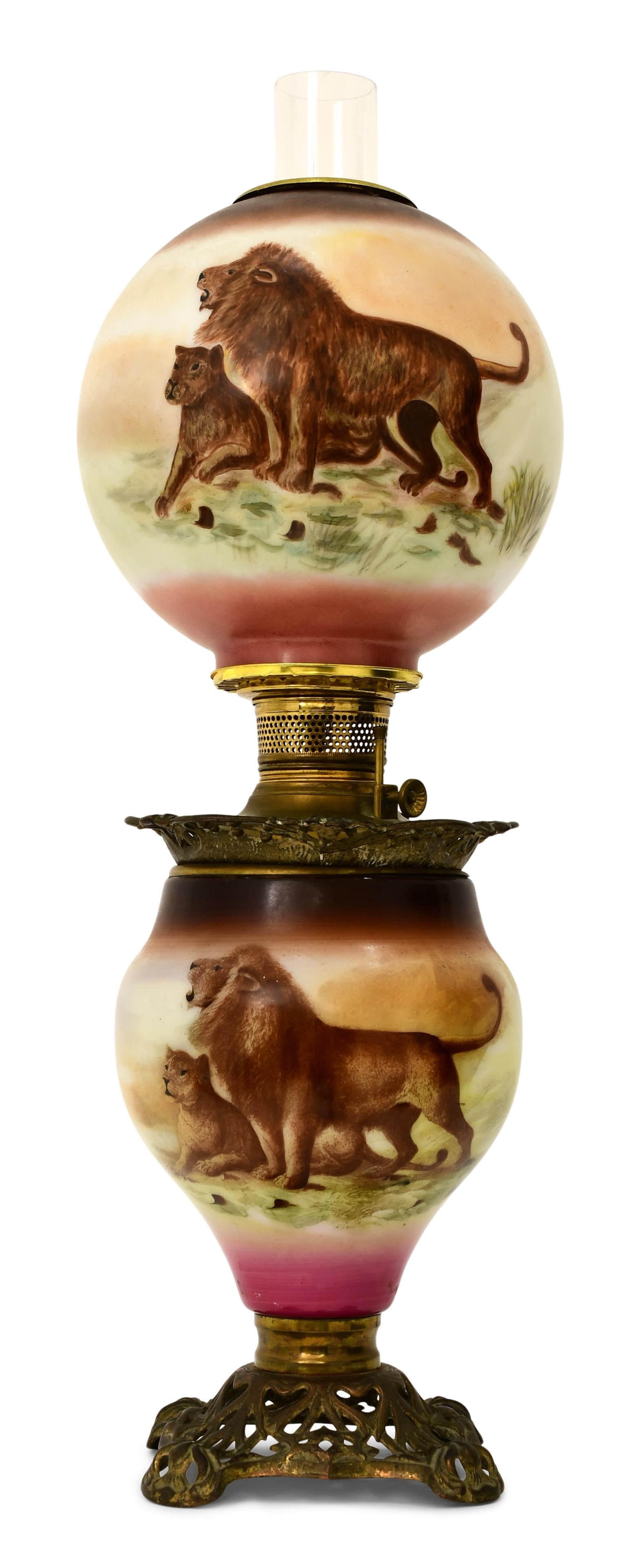 American Hand-Painted Glass & Brass Parlor Lamp with Lions: American Hand-Painted Glass & Brass Parlor Lamp with Lions19th centurythe shade and base each with hand-painted of lions in landscapes28 x 9 inches
