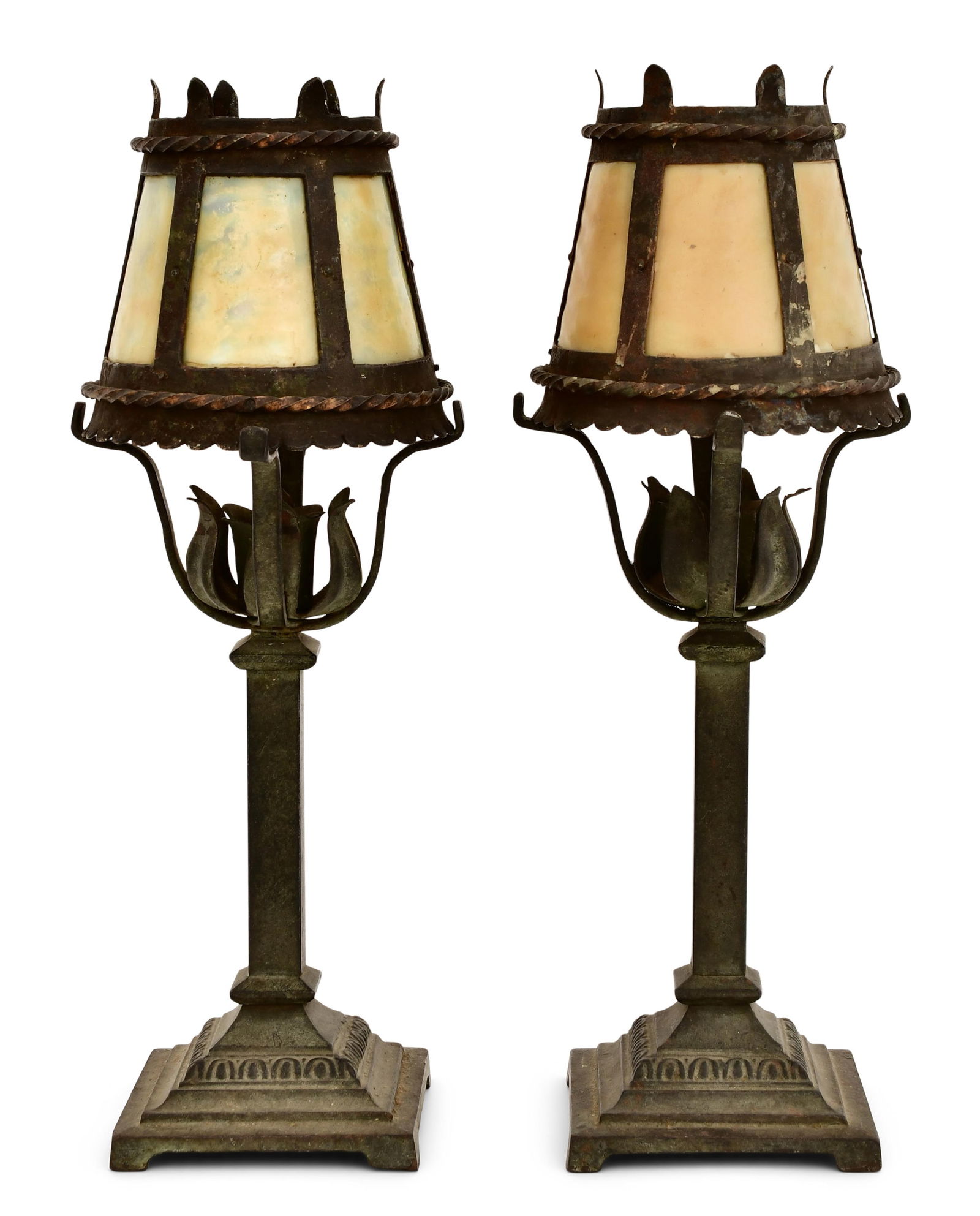 A Pair of American Patinated Metal & Glass Candle Lamps (1 of 5)