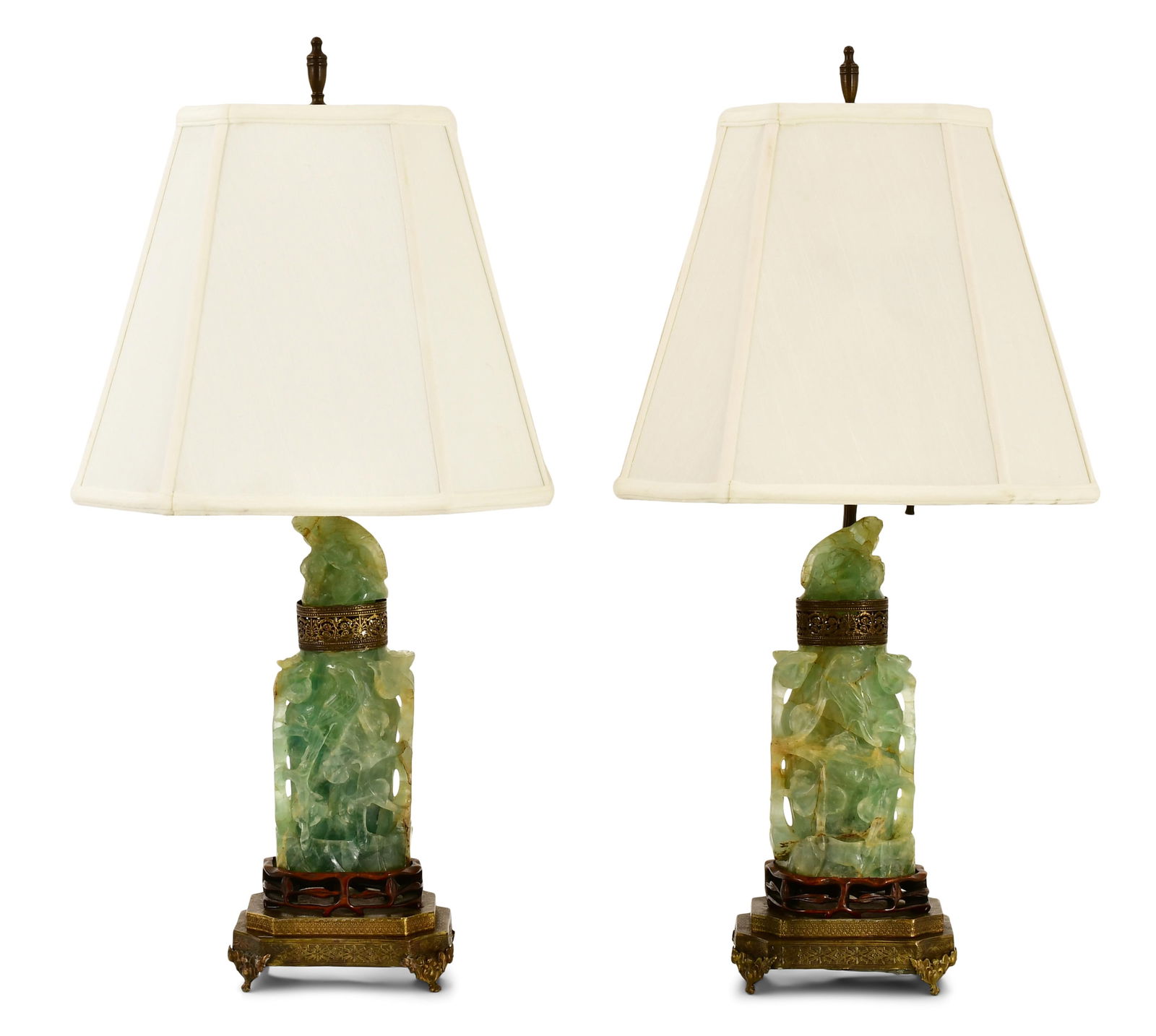 A Pair of Chinese Gilt Metal-Mounted Fluorite Lamps: A Pair of Chinese Gilt Metal-Mounted Fluorite Lamps early 20th century 26 x 13 x 13 inches