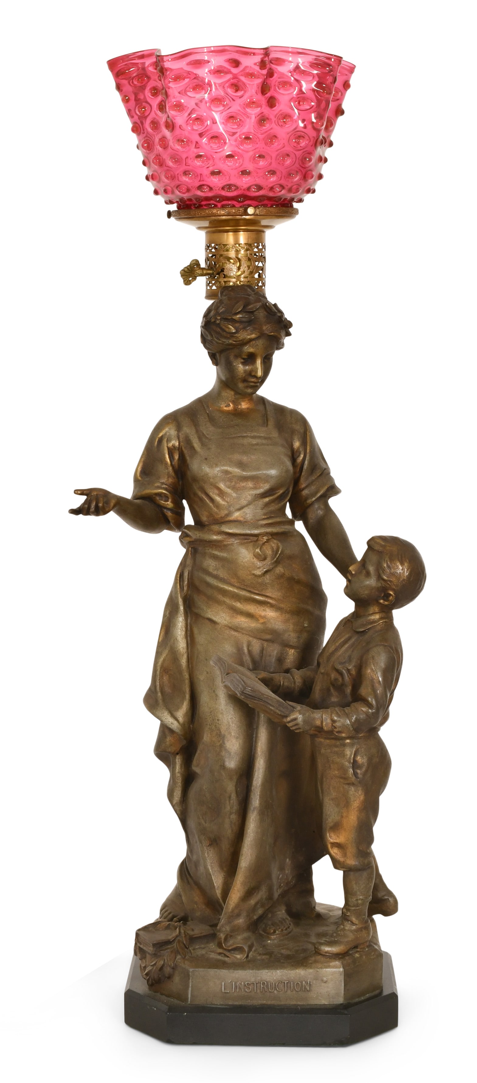 American Spelter & Cranberry Glass Figural Banquet Lamp: American Spelter & Cranberry Glass Figural Banquet Lamp 19th century 32 x 11 1/2 x 9 inches