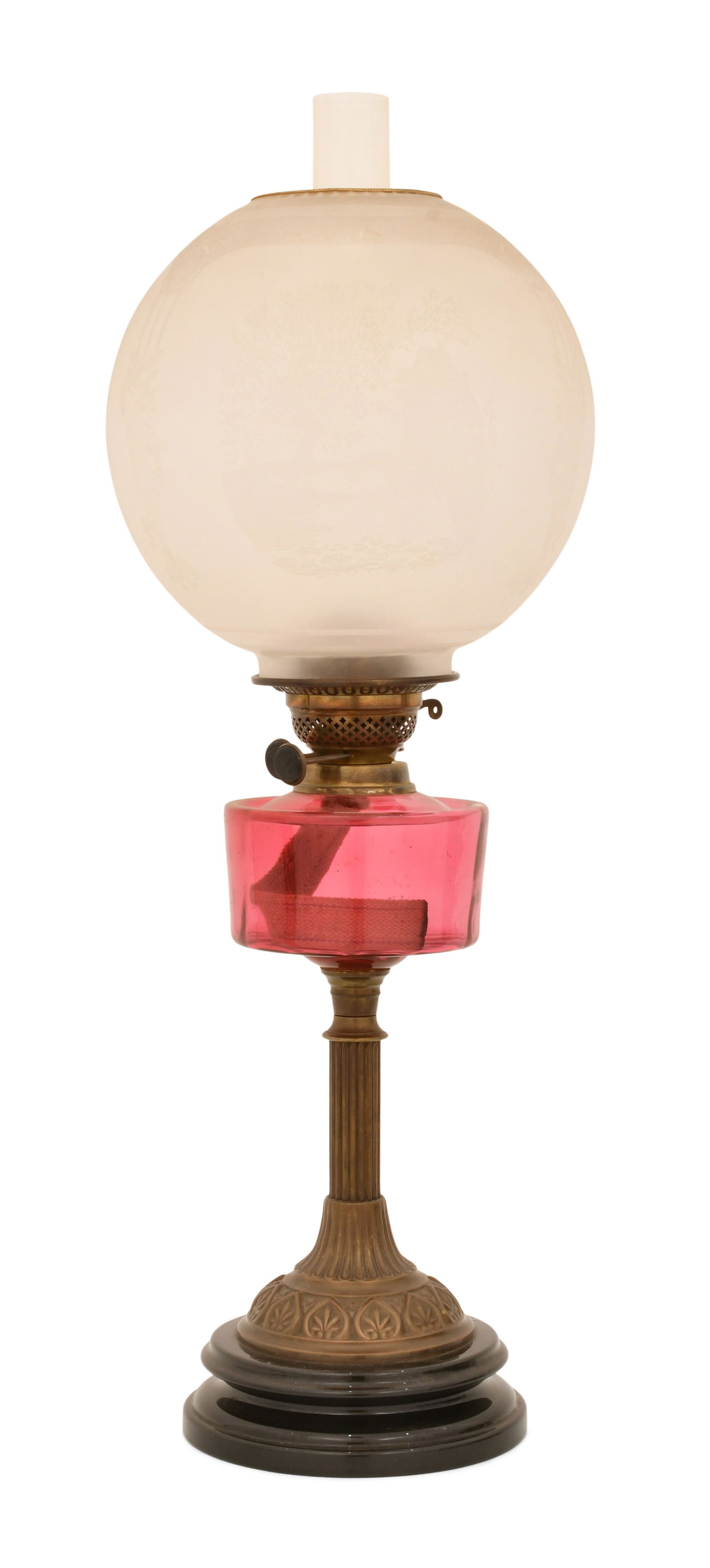 American Gilt Metal & Glass Oil Lamp: American Gilt Metal & Glass Oil Lamp 19th century 28 x 10 inches