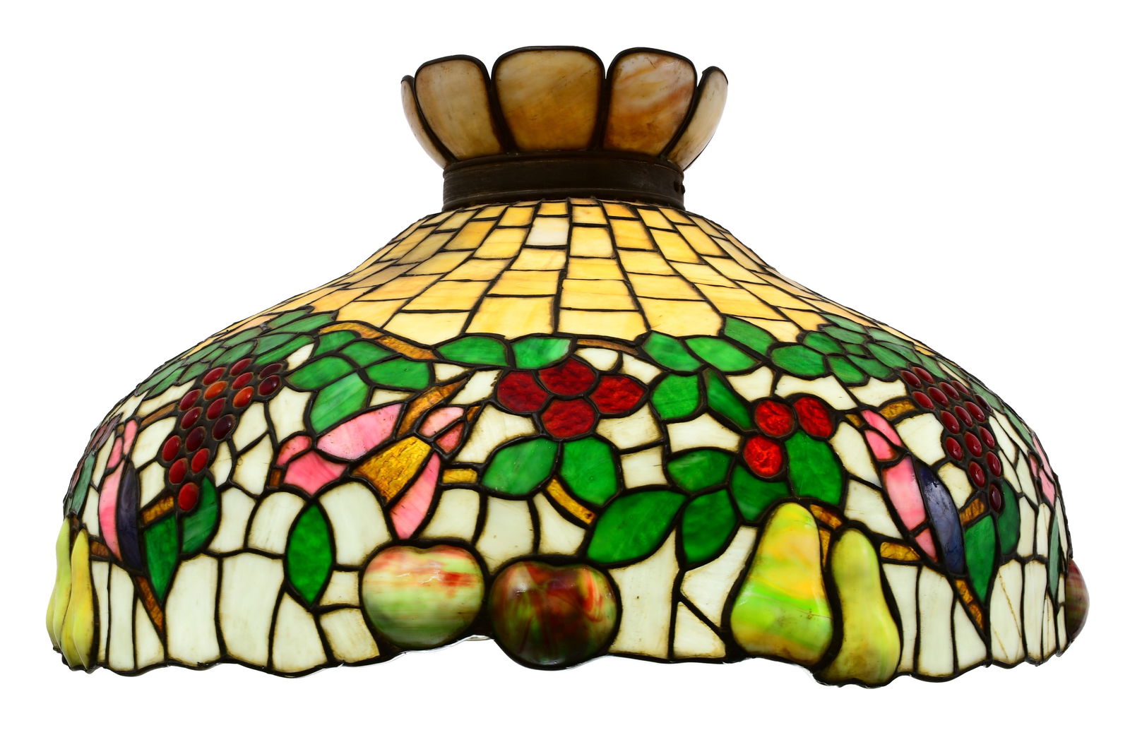 American Leaded Glass Chandelier with Fruit & Birds: American Leaded Glass Chandelier with Fruit & Birds early 20th century 16 x 27 inches