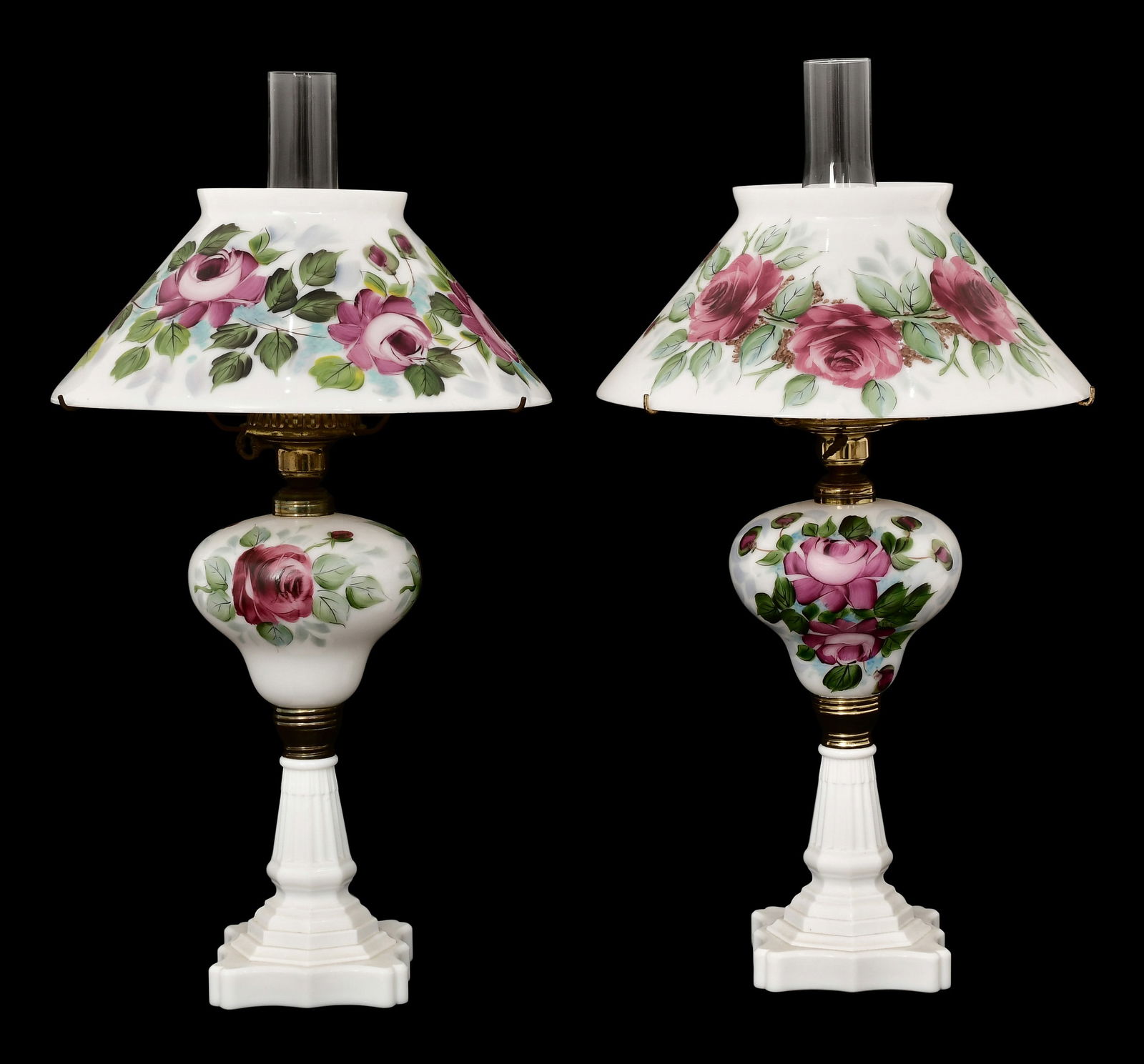 Pair of American Hand-Painted Milk Glass Table Lamps (1 of 1)