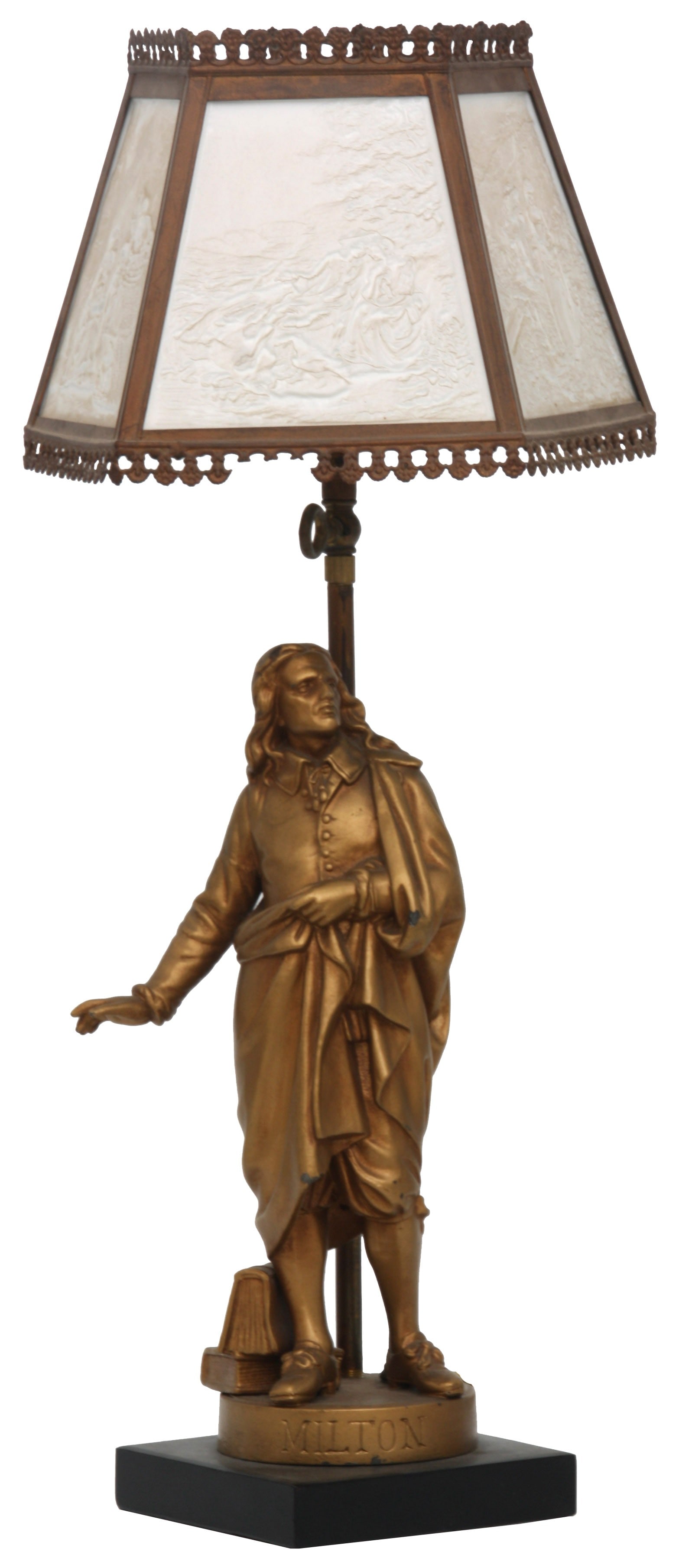French Gilt Metal & Lithophane Table Lamp: French Painted Metal & Lithophane Table Lamp late 19th century with a figure of John Milton, an English poet and intellectual 21 3/4 in. high