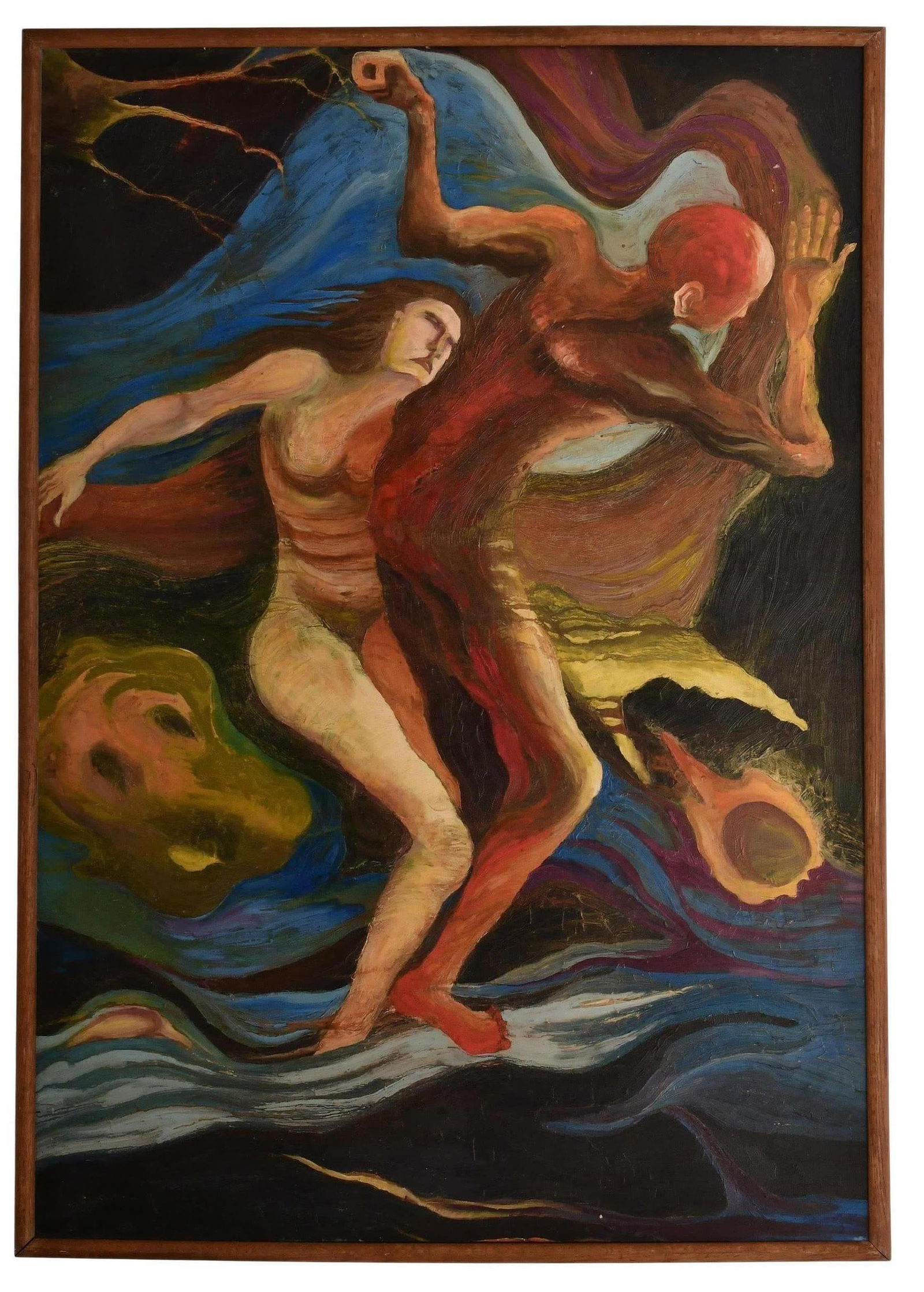 Jack Gerber (American, 1927-2021), "Adam and Eve" (1961): Jack Gerber (American, 1927-2021) "Adam and Eve" (1961) oil on canvas signed, titled and date on stretcher 34 1/2 x 49 1/2 inches (sight) 36 3/4 x 51 3/4 inches (frame) Provenance: Private