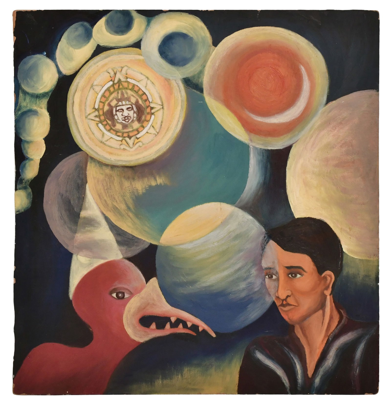 Jack Gerber (American, b. 1927), "Aztec Time": Jack Gerber(American, b. 1927)"Aztec Time"oil on boardsigned, titled and dated "J. Gerber, Aztec Time, 1961" (verso)36 x 34 inchesProvenance: Private Collection, Massachusetts
