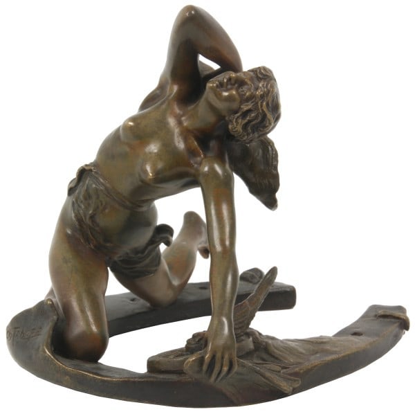 French Patinated Bronze Sculpture of a Nude Woman: French Patinated Bronze Sculpture of a Nude Womanlate 19th/early 20th centurythe woman grasping a cornucopia and kneeling on a horse shoe, marked "Ch. Tabora, Bronze Garanti Au titre L.V., 883"6 x 5 x