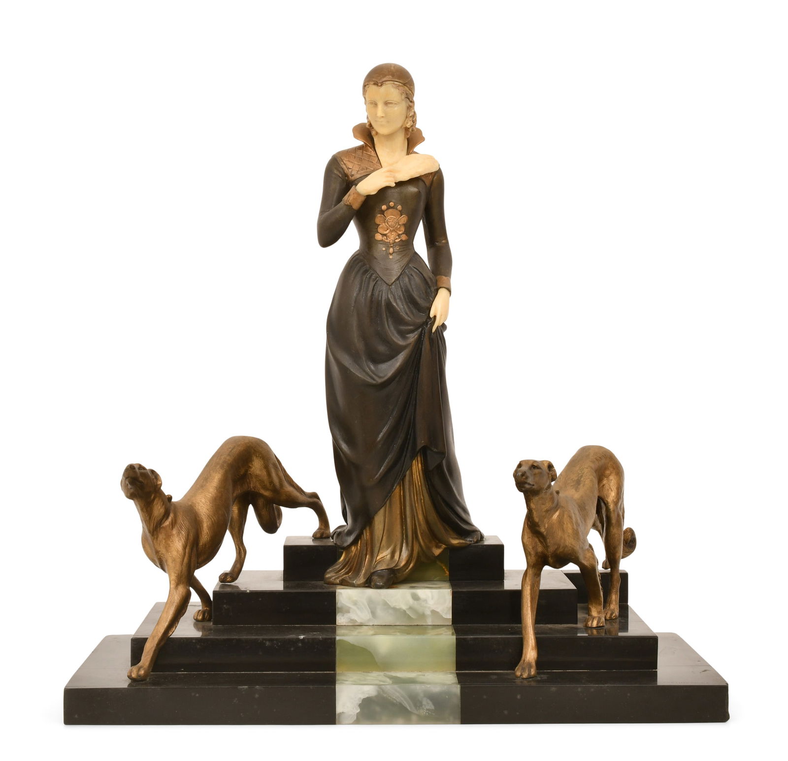 E. Menneville (French, 20th Century), Art Deco Patinated Metal & Marble Figural Sculpture: E. Menneville (French, 20th Century), Art Deco Patinated Metal & Marble Figural Sculpture 19 x 18 x 8 3/4 inches