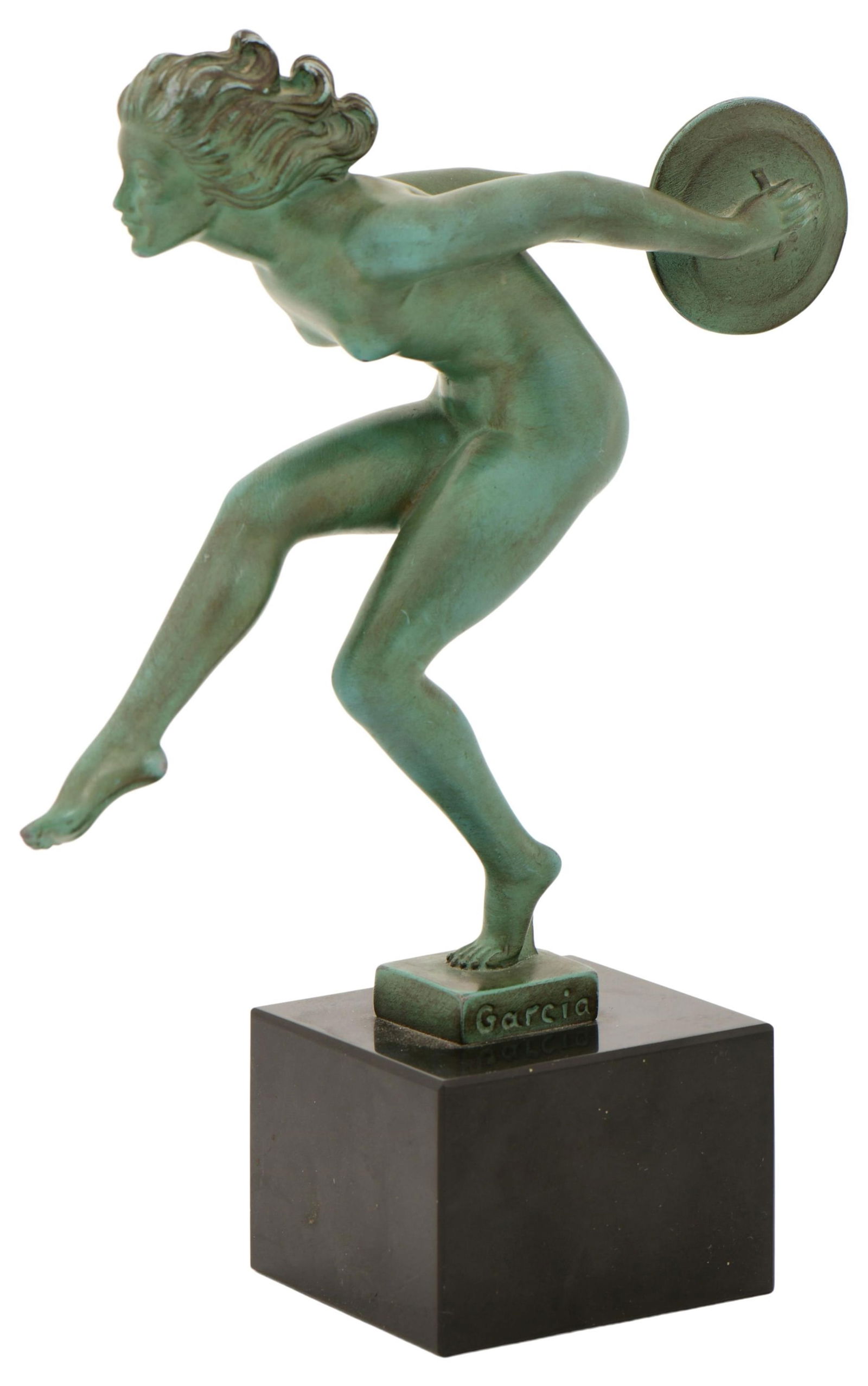 French Art Deco Nude Disc Dancer Statue by Garcia: French Art Deco Nude Disc Dancer Statue by Garcia early 20th century signed "Garcia" 9 1/2 x 7 1/4 x 3 inches