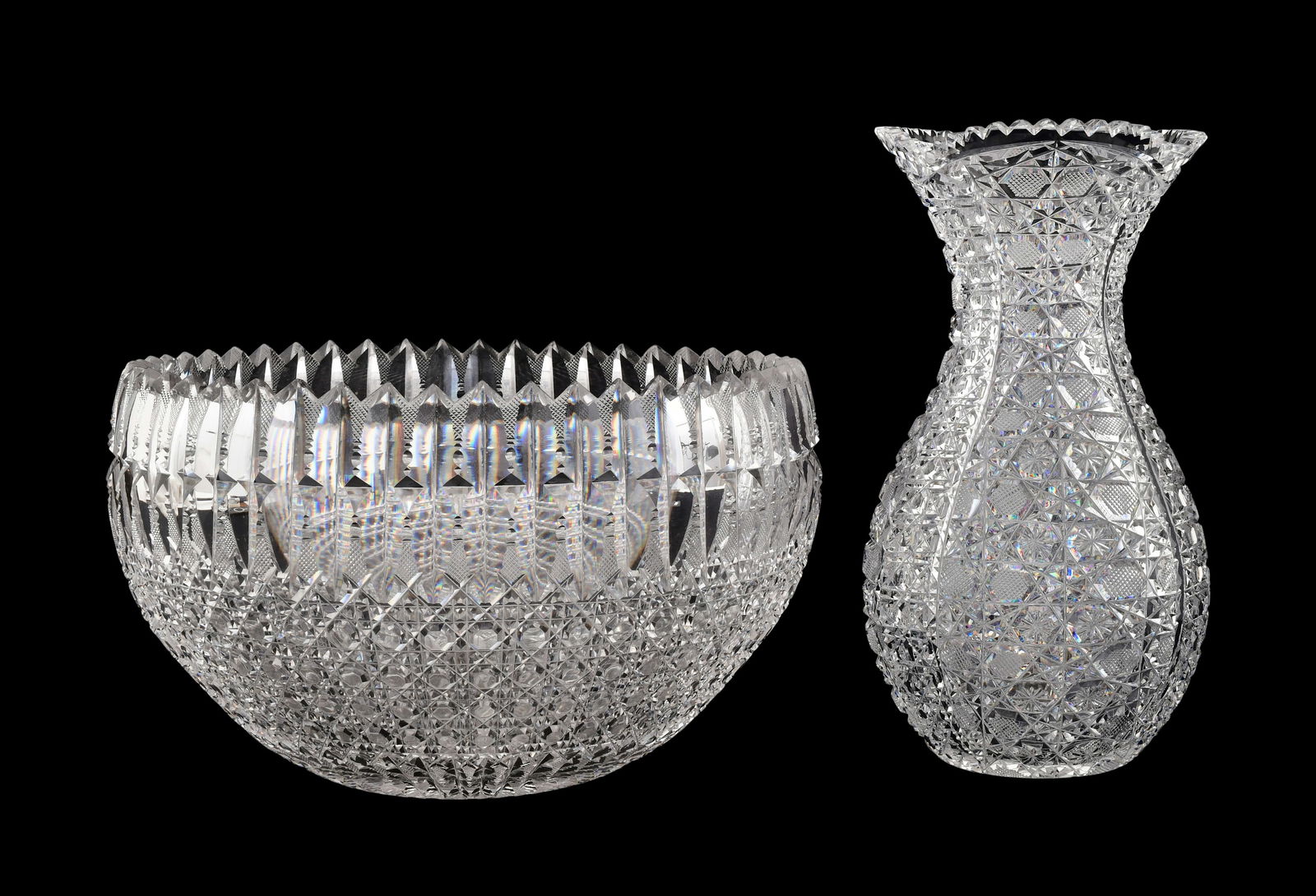A Harvard Cut Glass Punch Bowl and Vase: A Harvard Cut Glass Punch Bowl and Vase19th century7 3/4 x 13 inches (bowl)12 x 6 1/4 inches (vase)