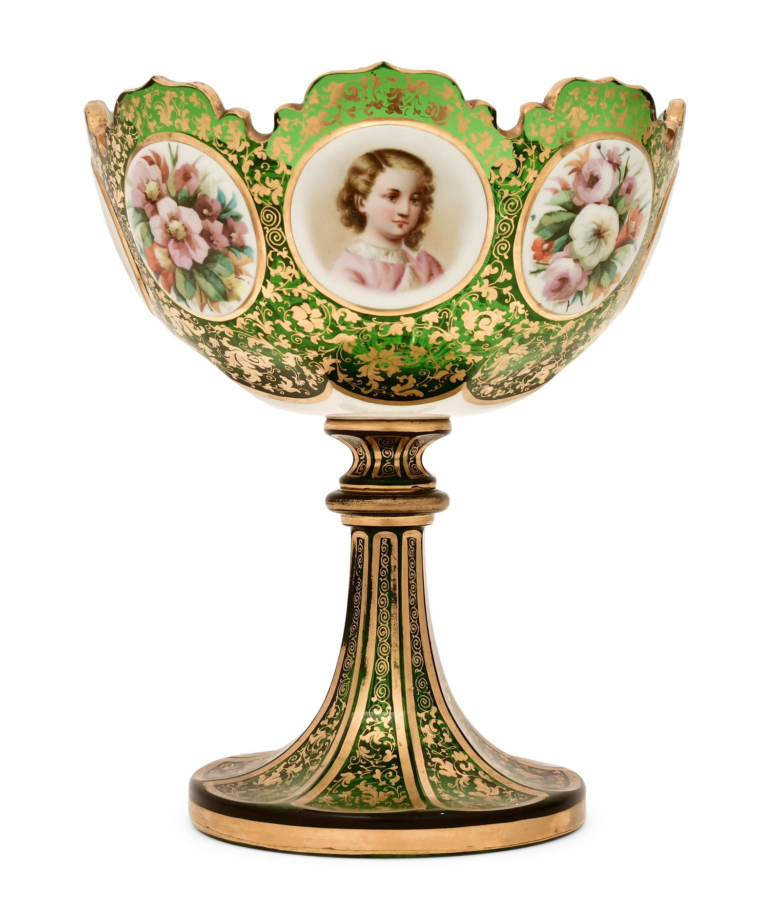 Bohemian Green Glass Tazza with Floral and Figural Panels: Bohemian Green Glass Tazza with Floral and Figural Panelslate 19th century8 1/2 x 7 inches