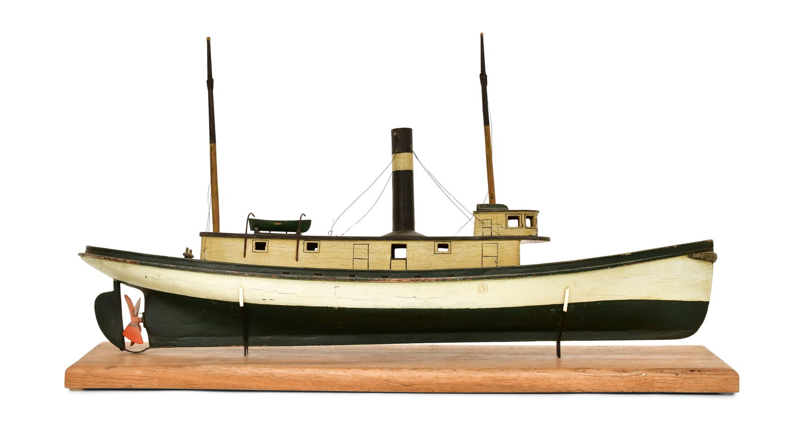 Carved & Painted Wood Model of a Tugboat with Clockwork Mechanism (1 of 1)