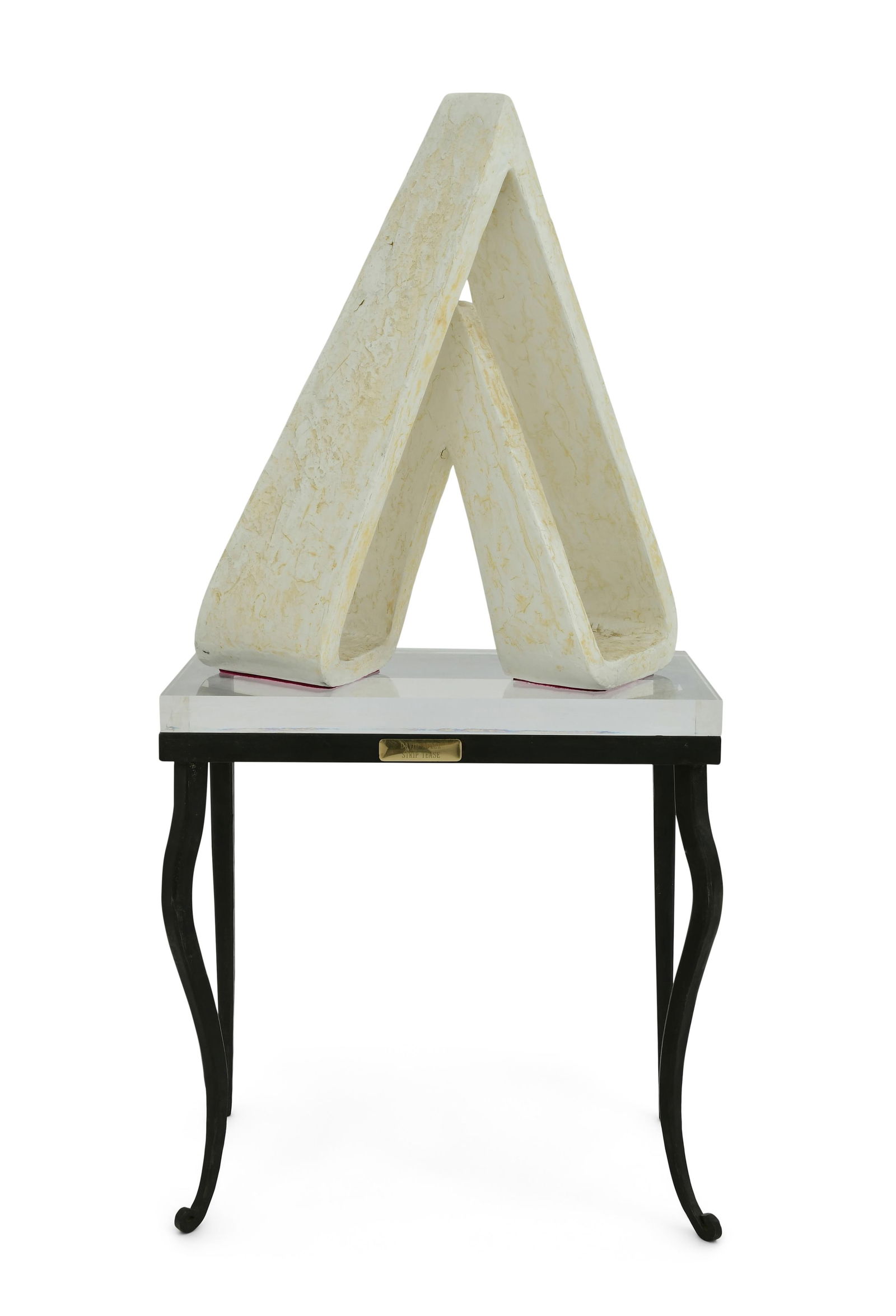 David Adler (American/Israeli, 20th Century), "Strip Tease": David Adler (American/Israeli, 20th Century) "Strip Tease" white composite cculpture with stand marked "David Adler, Strip Tease" 38 1/2 in. high (total)