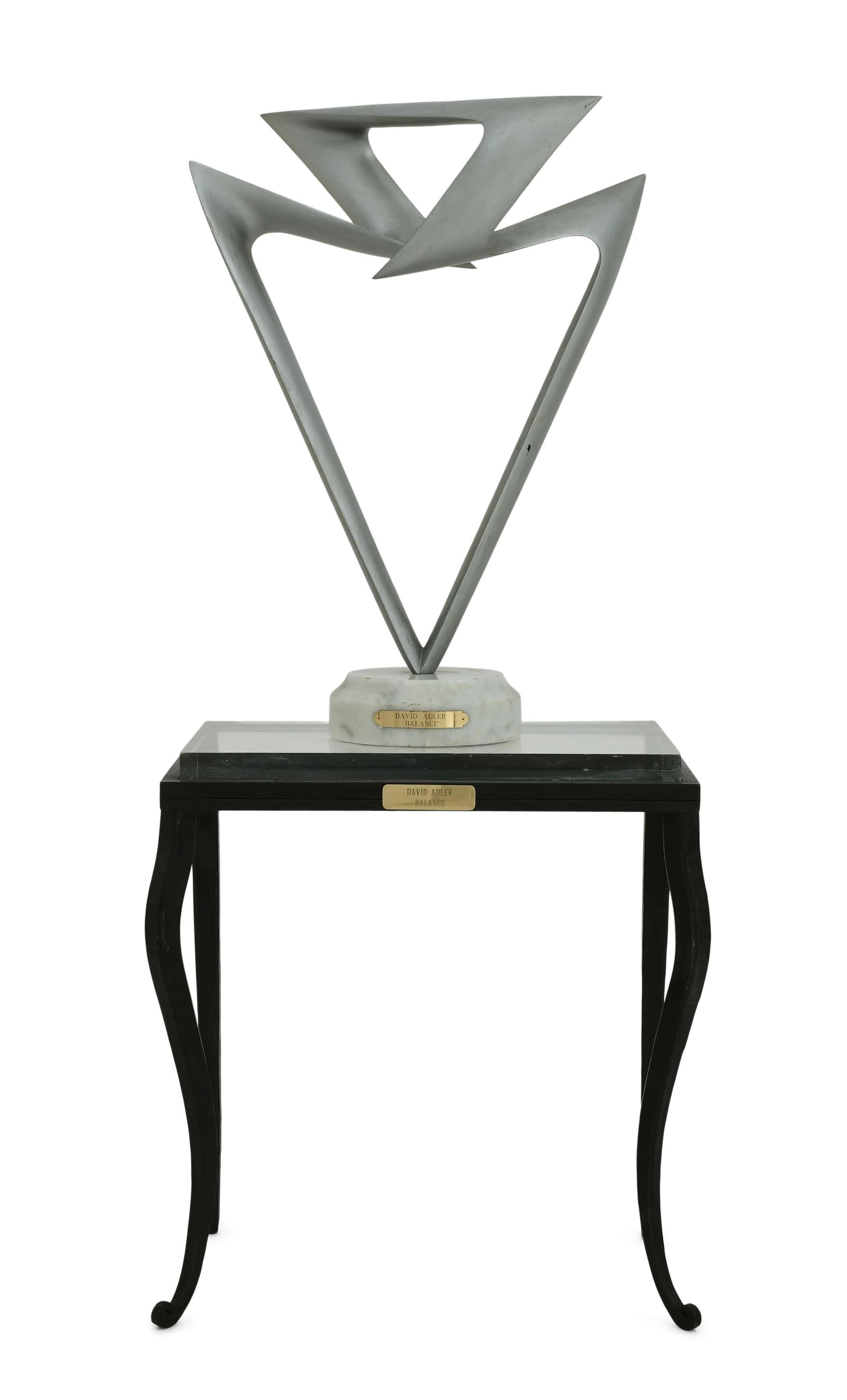 David Adler (American/Israeli, 20th Century), "Balance": David Adler (American/Israeli, 20th Century) "Balance" silvered metal sculpture with stand marked "David Adler, Balance" 37 in. high (total)