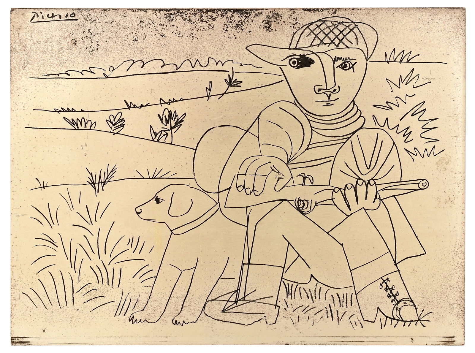 After Pablo Picasso (Spanish, 1881-1973), "The Hunter" Sterling Silver Limited Edition Plaque: After Pablo Picasso (Spanish, 1881-1973) "The Hunter" Limited Edition Plaque sterling silver etching signed "Picasso" 6 x 4 1/2 inches Other Notes: Fontaine's Auction Gallery can arrange shipping