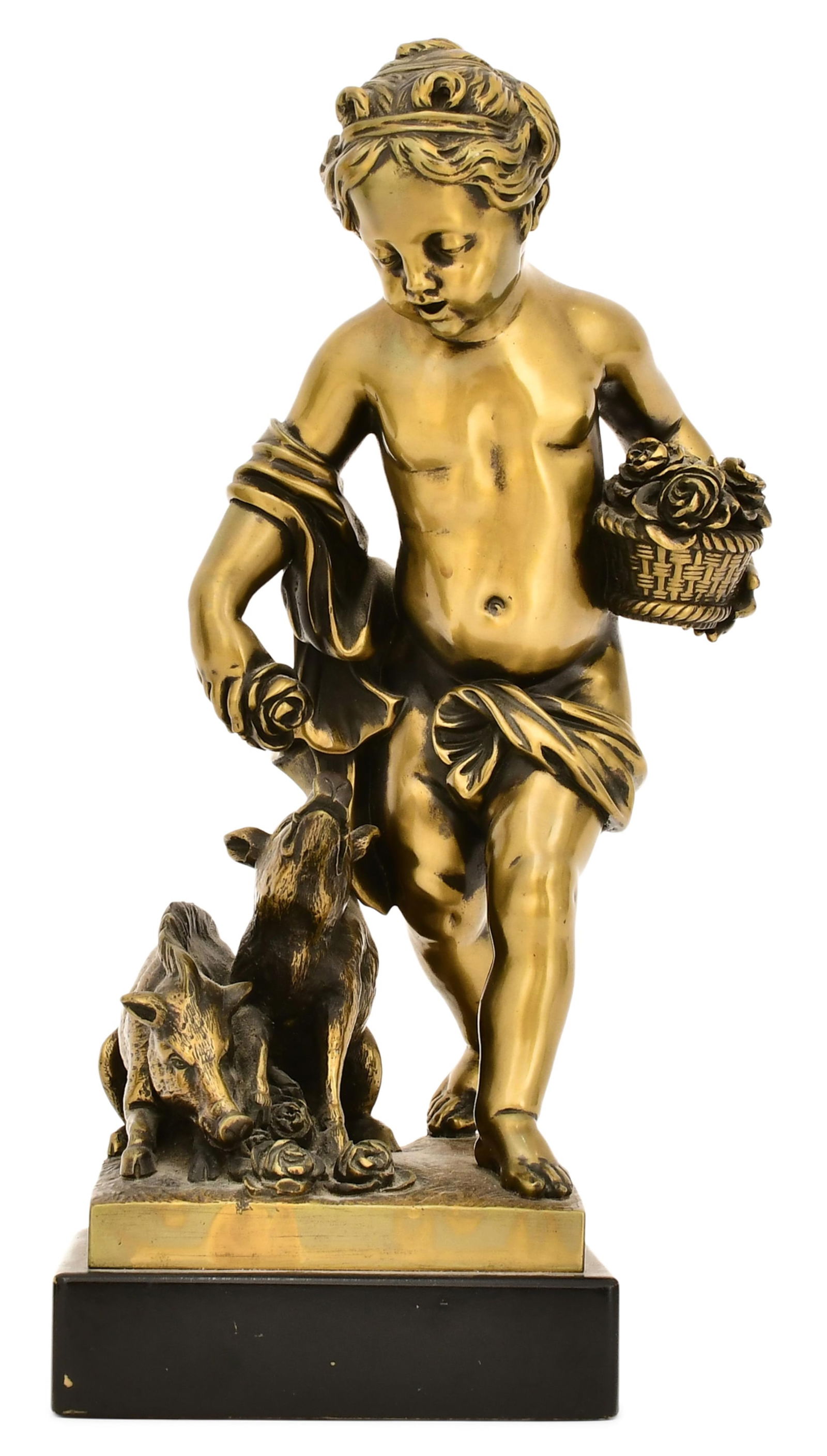French Gilt Bronze Sculpture of a Boy and Two Wild Boar: French Gilt Bronze Sculpture of a Boy and Two Wild Boarcirca 190012 x 6 x 5 inches