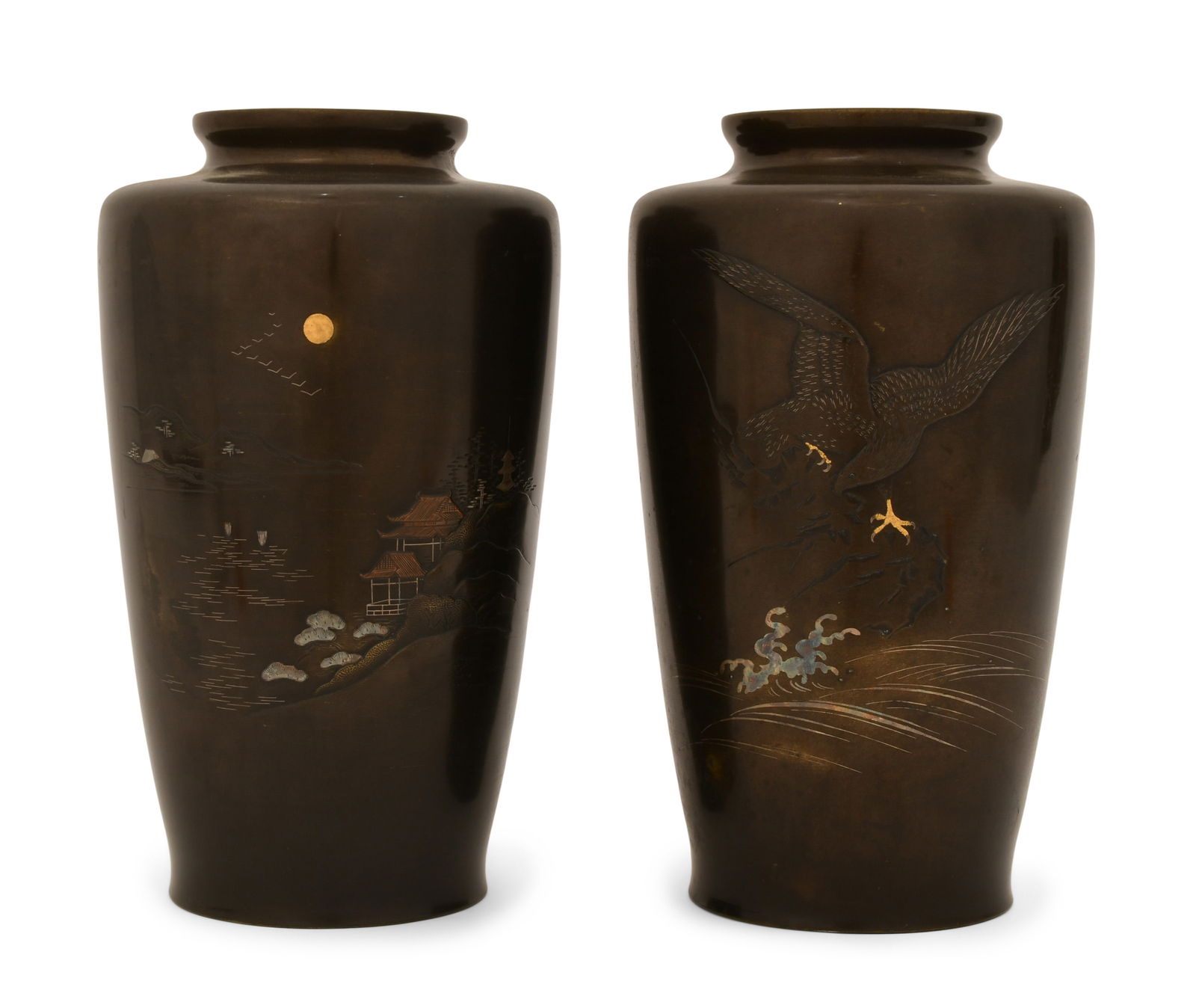 A Pair of Japanese Bronze Scenic Vases (1 of 1)