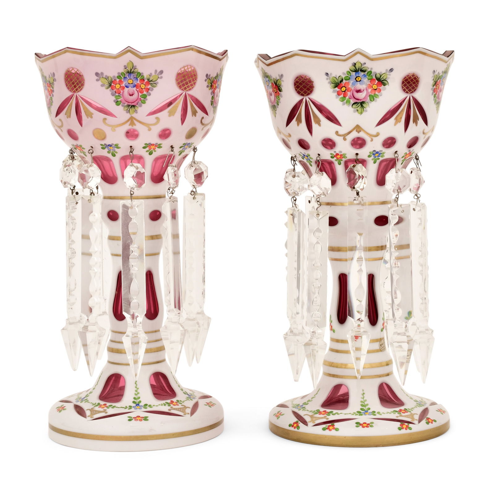 A Pair of White-Cut-To-Cranberry Glass Lusters (1 of 1)