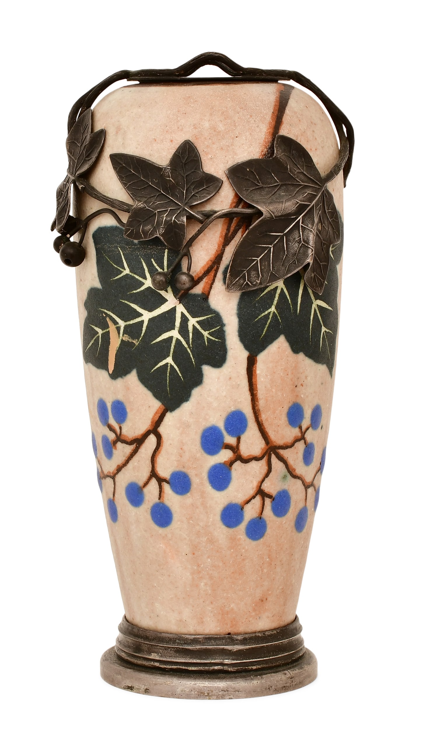 French Silvered Bronze-Mounted Pottery Berry Vase: French Silvered Bronze-Mounted Pottery Berry Vasecirca 19208 x 3 3/4 inches