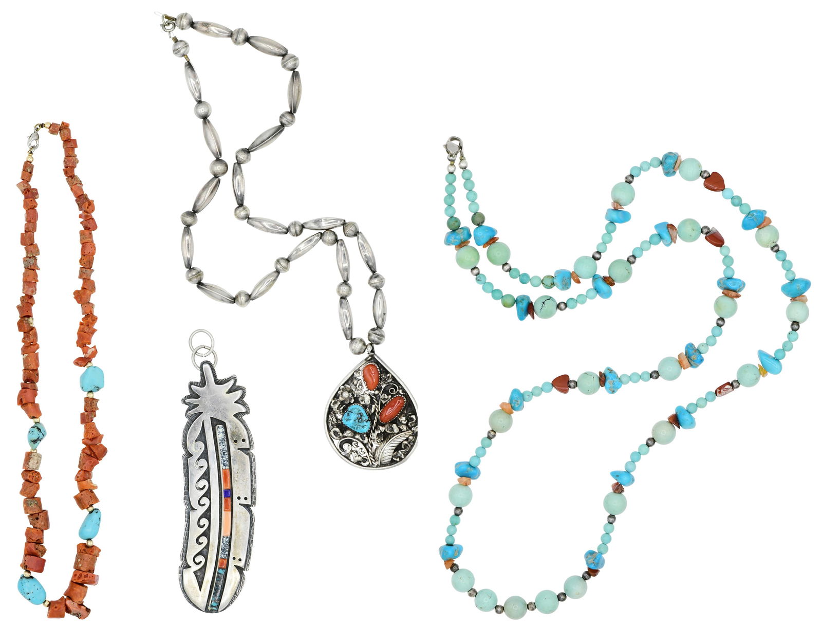 Three Sterling Silver, Turquoise & Red Coral Navajo Necklaces & Feather Pendant (1 of 1)