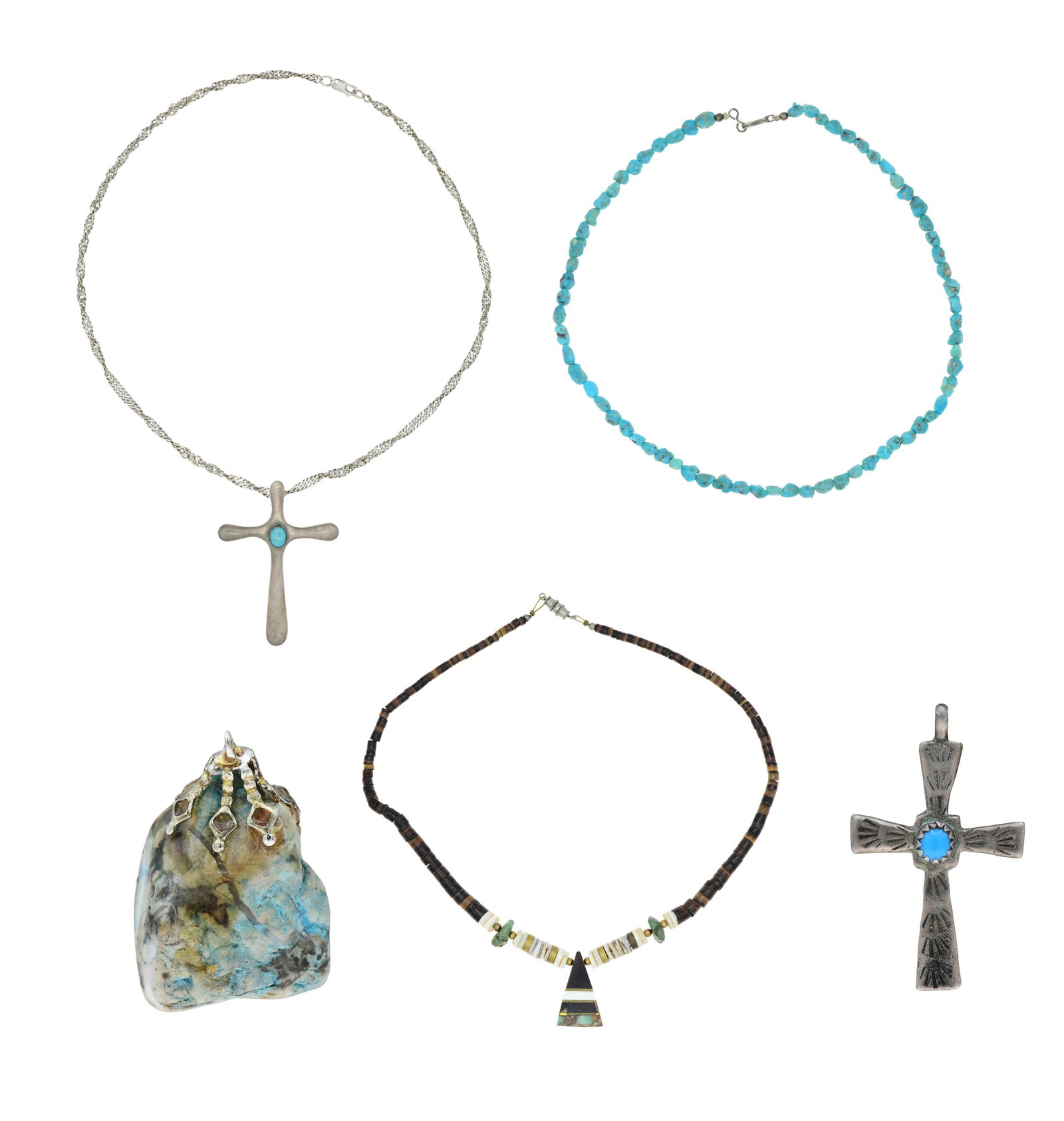 Three Necklaces & Two Pendants: Three Necklaces & Two Pendants• sterling silver & turquoise cross pendant necklace, 20 1/8 inches (chain length)• sterling silver & turquoise cross pendant, 1 7/16 inches (length)• t