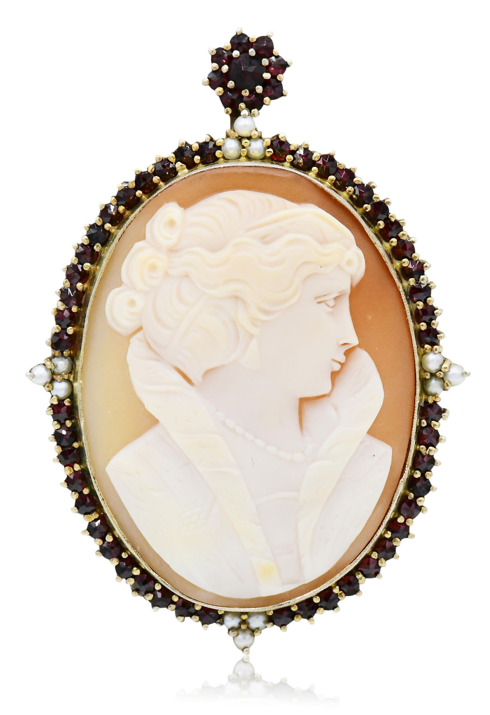 10K Yellow Gold Plated, Red Garnet & Seed Pearl Cameo Brooch/Pendant: 10K Yellow Gold Plated, Red Garnet & Seed Pearl Cameo Brooch/Pendant • 2 1/4 inches (length) • 10.2 dwt (total weight) Other Notes: Fontaine's Auction Gallery can arrange shipping for
