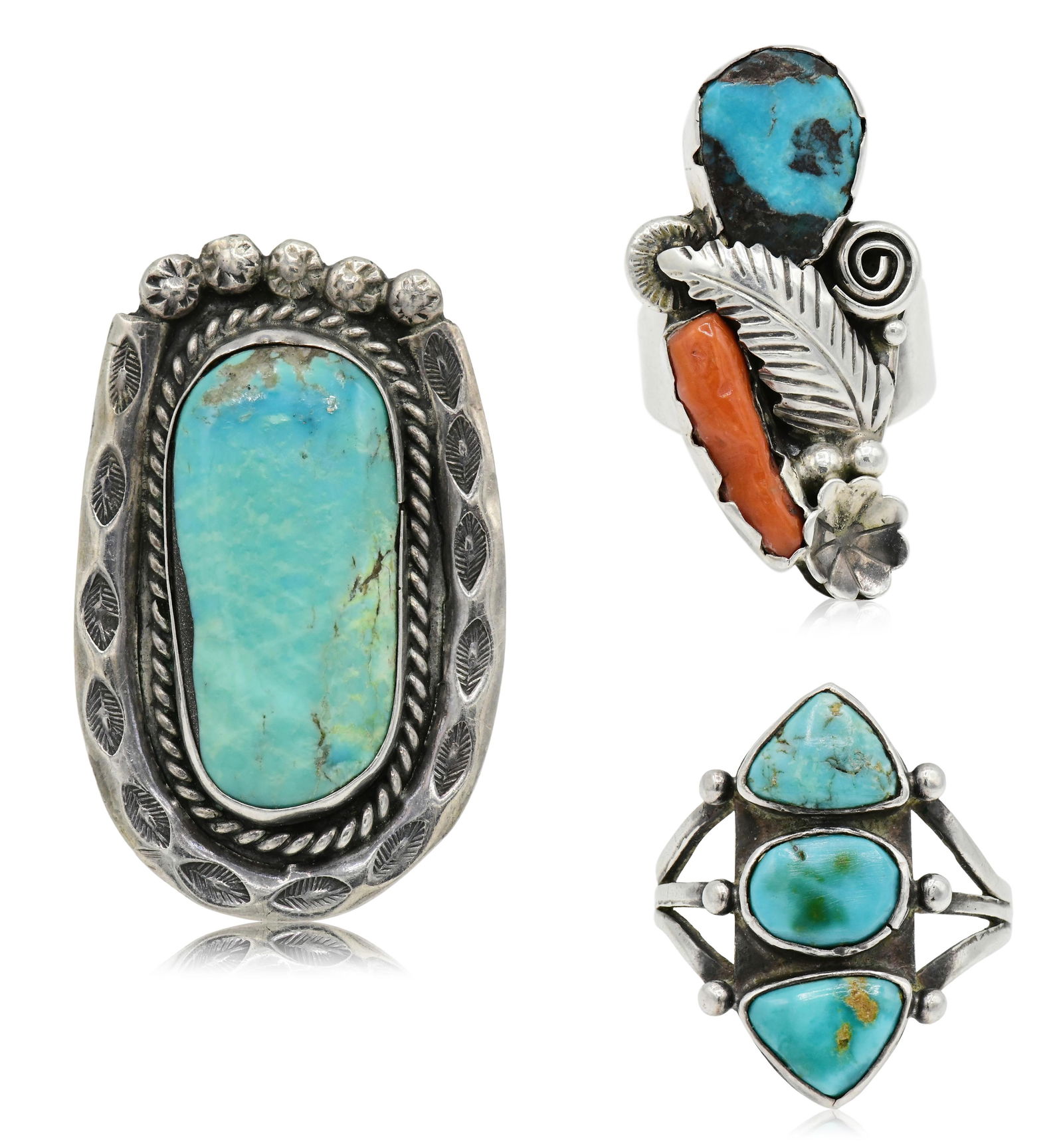 Three Sterling Silver & Turquoise Navajo Rings (1 of 1)