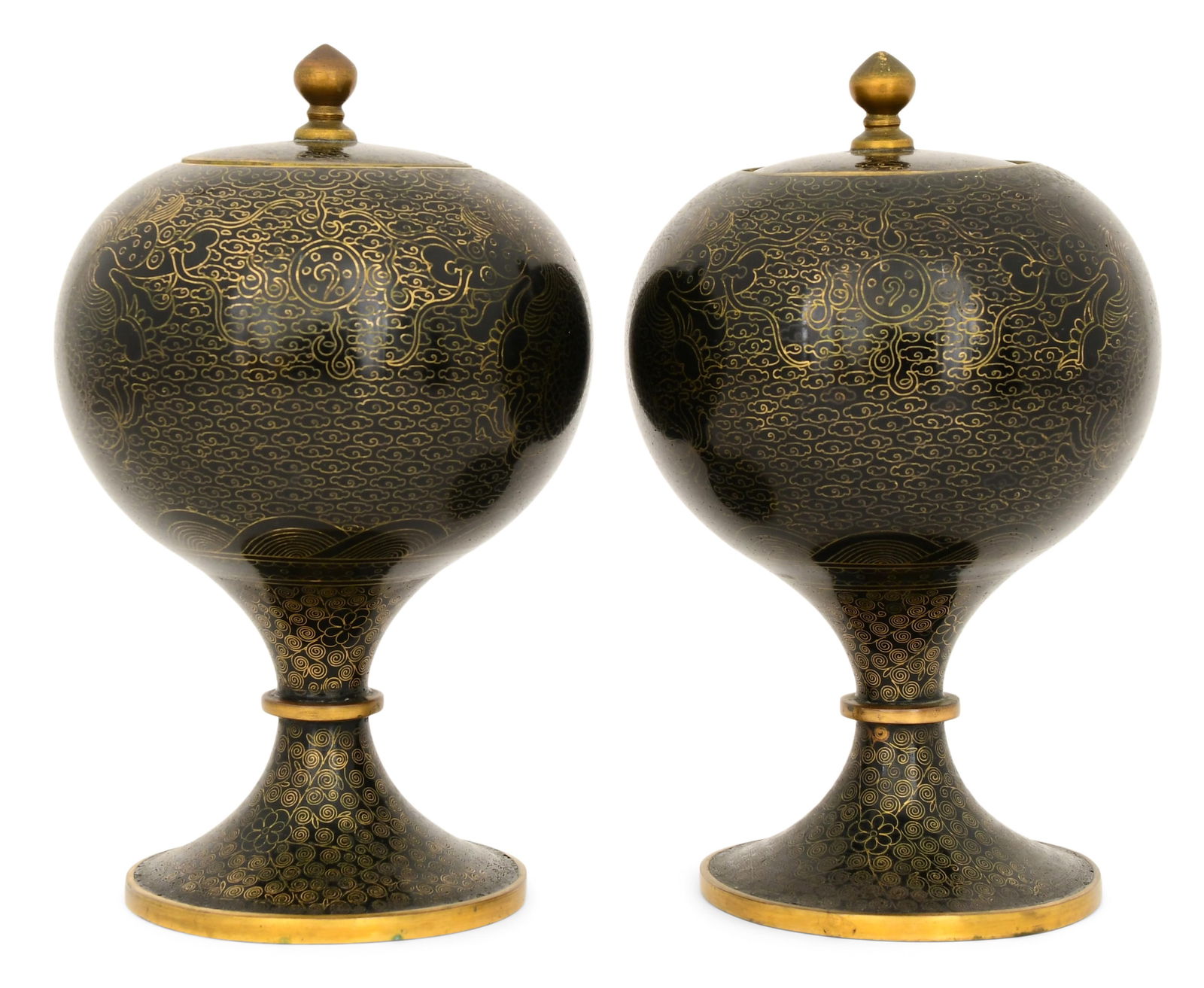 Chinese Black & Gold Cloissone Urns with Dragon Motif (1 of 5)