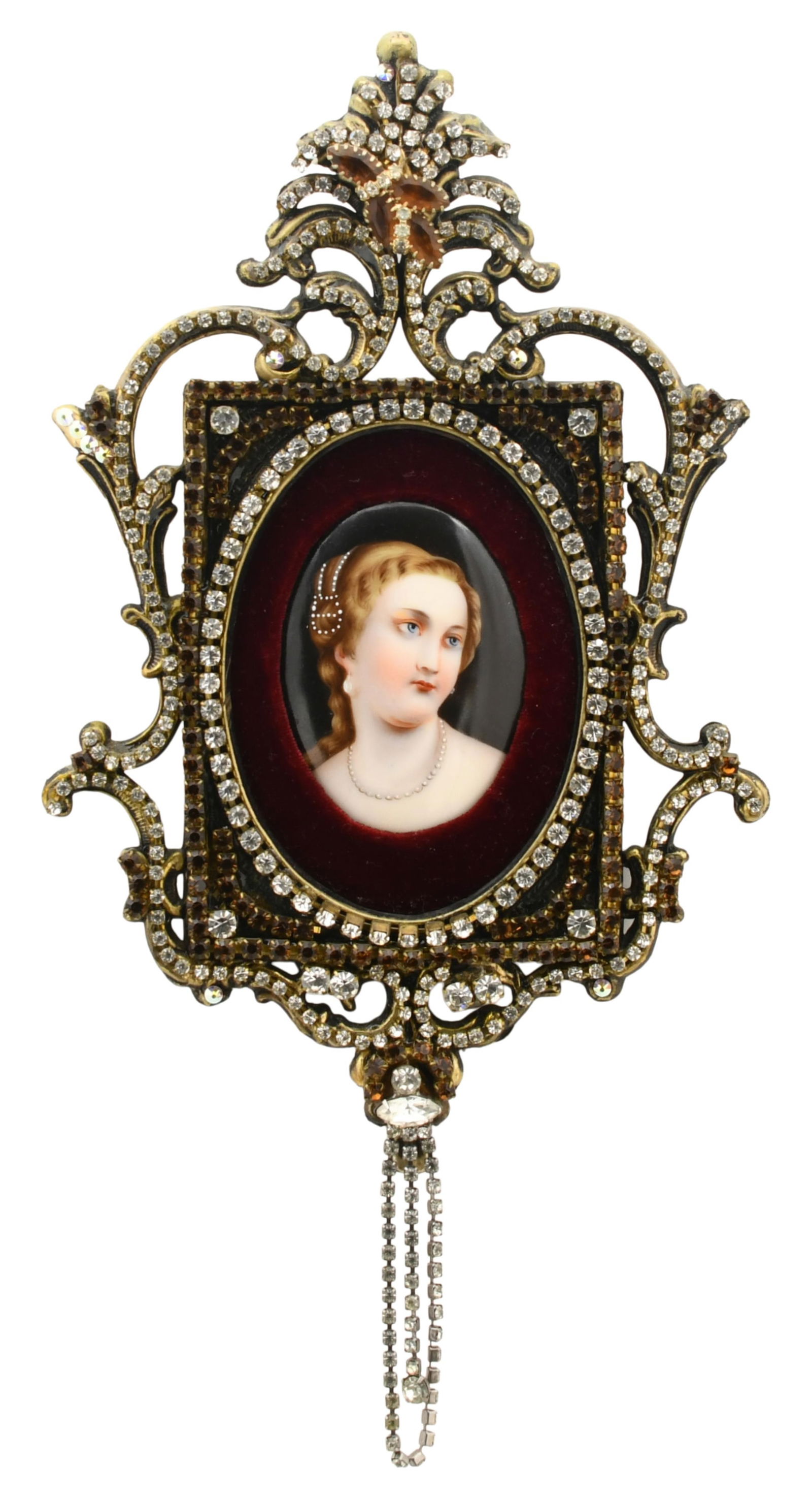 German Hand-Painted Porcelain Plaque of a Woman in a Jeweled Frame (1 of 1)