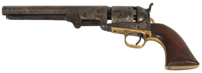Model 1851 Colt Revolver: Model 1851 Colt Revolver. 7.5 in. long barrel, signed on the top “Address Col. Saml. Colt, New York U.S. America” in one line. The 6 shot cylinder engraving is very faint with only a little bit of