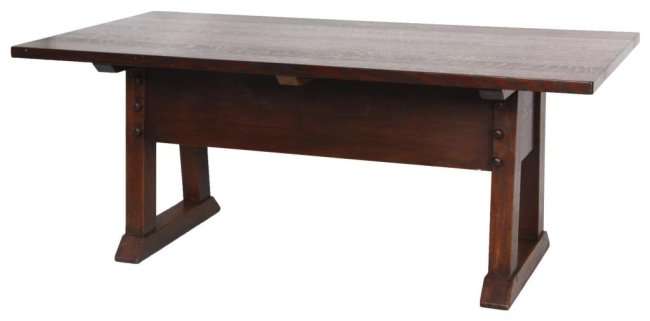 Gustav Stickley 6 Foot Directors Table: Gustav Stickley 6 Foot Directors Table No. 631 1/2. A large overhanging top on splayed legs with paneled aprons on either side and pegged construction with shoefoot base. In good condition, refinished