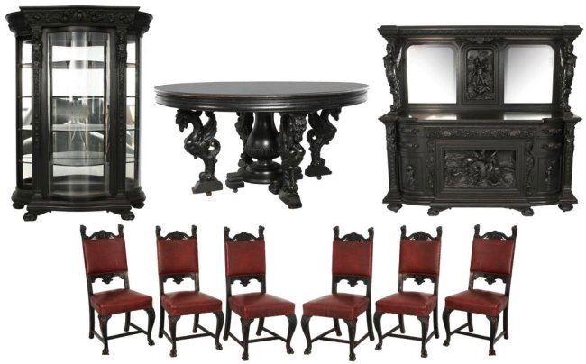 9 Pc. Oak Horner Dining Set: Monumental 9 Piece Figural Oak Dining Room Set Attr, R.J. Horner. Features a large sideboard with deep figural carved panels on the lower door and back, carved maiden and mountain man pilasters, curve