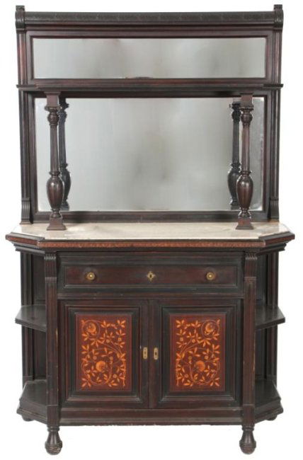 Attr Herter Bros Inlaid Marble Top Credenza: Attr: Herter Bros Inlaid Marble Top Credenza. Cabinet has 2 lower doors with swirling aesthetic inlaid filigree in the panels, single drawer above serves as a butler's desk, having shelves on the side