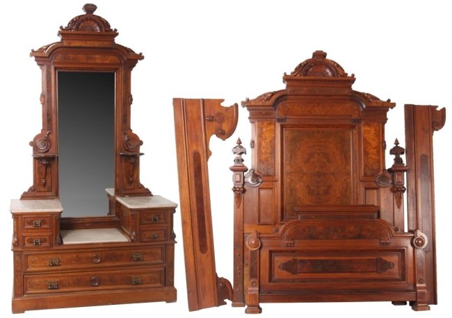 2 Pc. Marble Top Bed Set: 2 Pc. Walnut Marble Top Bedroom Set. Bed has a high headboard with shell & leaf carvings on the crest, raised and inset burled walnut panels and large side finials; footboard has beaded trim, burled p