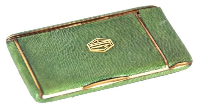 G. Keller Paris Sterling Sharkskin Cigarette Case.: G. Keller Paris Sterling Sharkskin Cigarette Case. Gustav Keller, 18K gold wash over sterling silver case with separate match compartment, green sharkskin covers and A.F.M. monogram tag on the lid. In