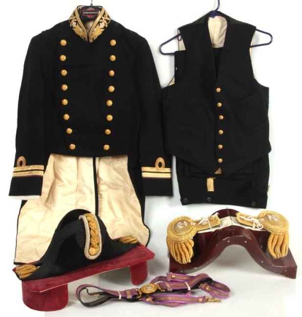 WW II Japanese Naval Officers Full Dress Uniform: WW II Japanese Naval Officers Full Dress Uniform. Dark blue uniform with gold embroidered collar and cuffs with silver and purple trimming and gilt buttons with anchor & flower design, Vest & Trousers