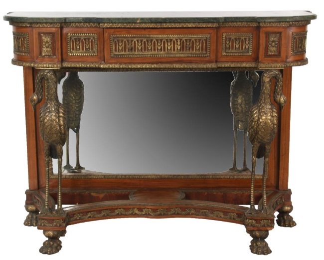 Reproduction Stork Console Table: Reproduction Stork Console Table. Green marble top over a single drawer, mahogany base with mirrored back, figural gilt bronze stork supports, claw feet and mounts, in good condition. 39.5 in. high x 