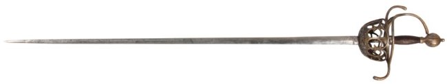 16th Century Rapier W/ Guilded Hilt: 16th Century Rapier W/ Gilded Hilt. 34 in. double edged tapered blade is in good condition with some tarnish and pitting. The gilded hilt has a sweeping 3 branch hand guard with cross guard and reticu
