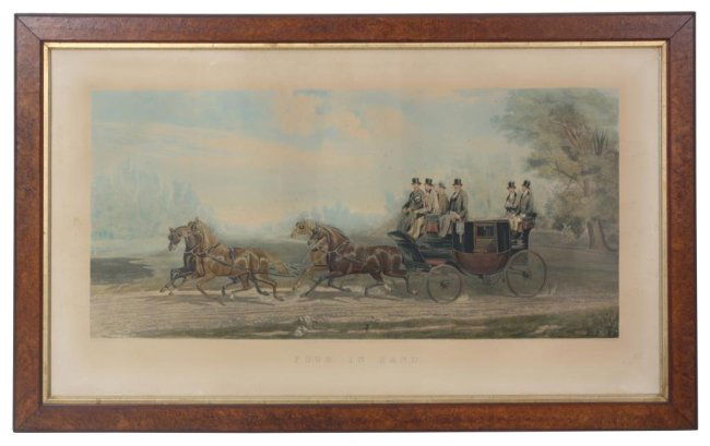 Four In Hand Engraving by J. Harris: Four In Hand Engraving by J. Harris. A stage coach, drawn by 4 horses galloping down a dirt road, titled Four In Hand. Original painting by J. F. Walker and engraved by J. Harris, London; Published by