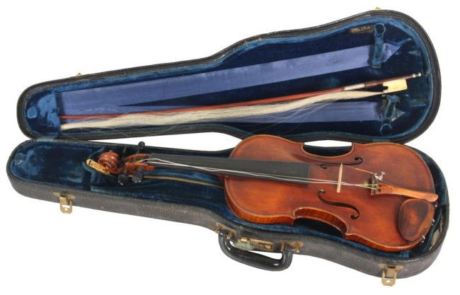 Anton Olson Violin W/ Bow: Anton Olson Violin w/ Bow. Beautiful dark maple body, neck & scroll and ebony fret board and tuning pegs, stamped signature on the back for Anton Olson, Mass. Paper label inside reads – No. 58, Worc