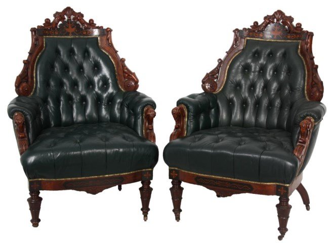 Pr. American Inlaid Armchairs: Pr. American Inlaid Armchairs; Attr: Pottier & Stymus. Walnut chairs have shell and filigree carved crests over an ebony panel with filigree and urn inlays, serpentine sides have burled panels over ca