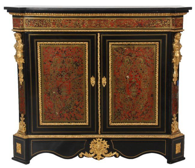 Boulle Inlaid Marble Top Credenza: Boulle & Brass Inlaid Marble Top Credenza. Ebonized cabinet with 2 doors, boulle and brass inlaid panels on the doors, the borders at the top and on the corners, with gilt bronze trim pieces and figur