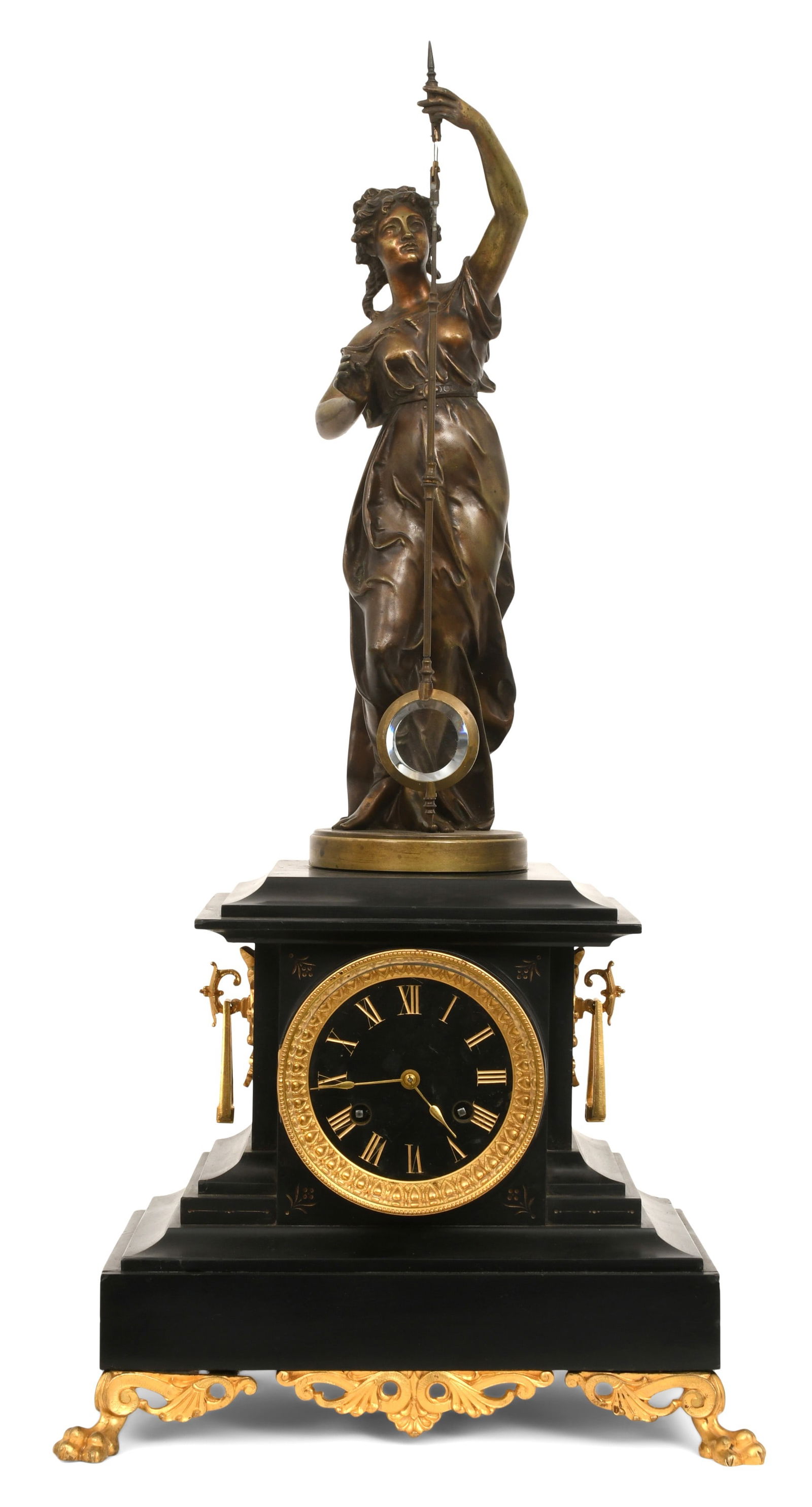 Andre Romain Guilmet Figural Mystery Clock: Andre Romain Guilmet Figural Mystery Clockcirca 1880the patinated metal figure holding a crystal mystery pendulum, surmounted on a gilt brass-mounted slate base, 8-day brass time and strike movement,